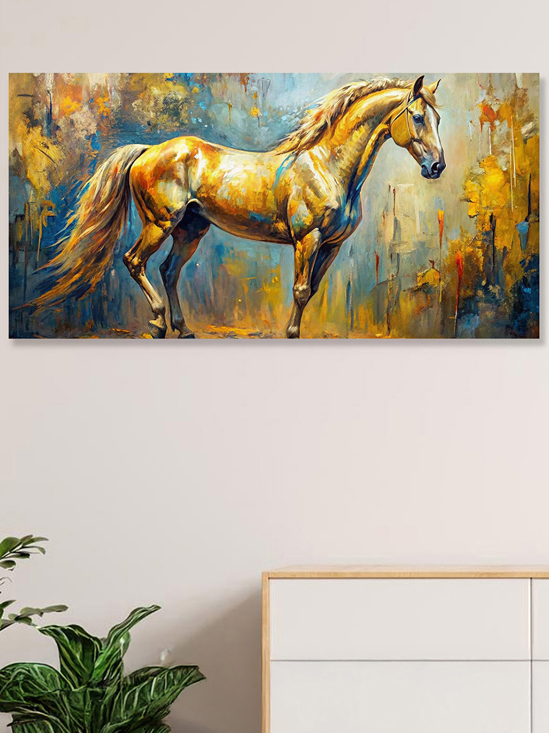 nestroots Gold-Toned & Blue Majestic Equine Serenity in Nature Canvas Wall Painting
