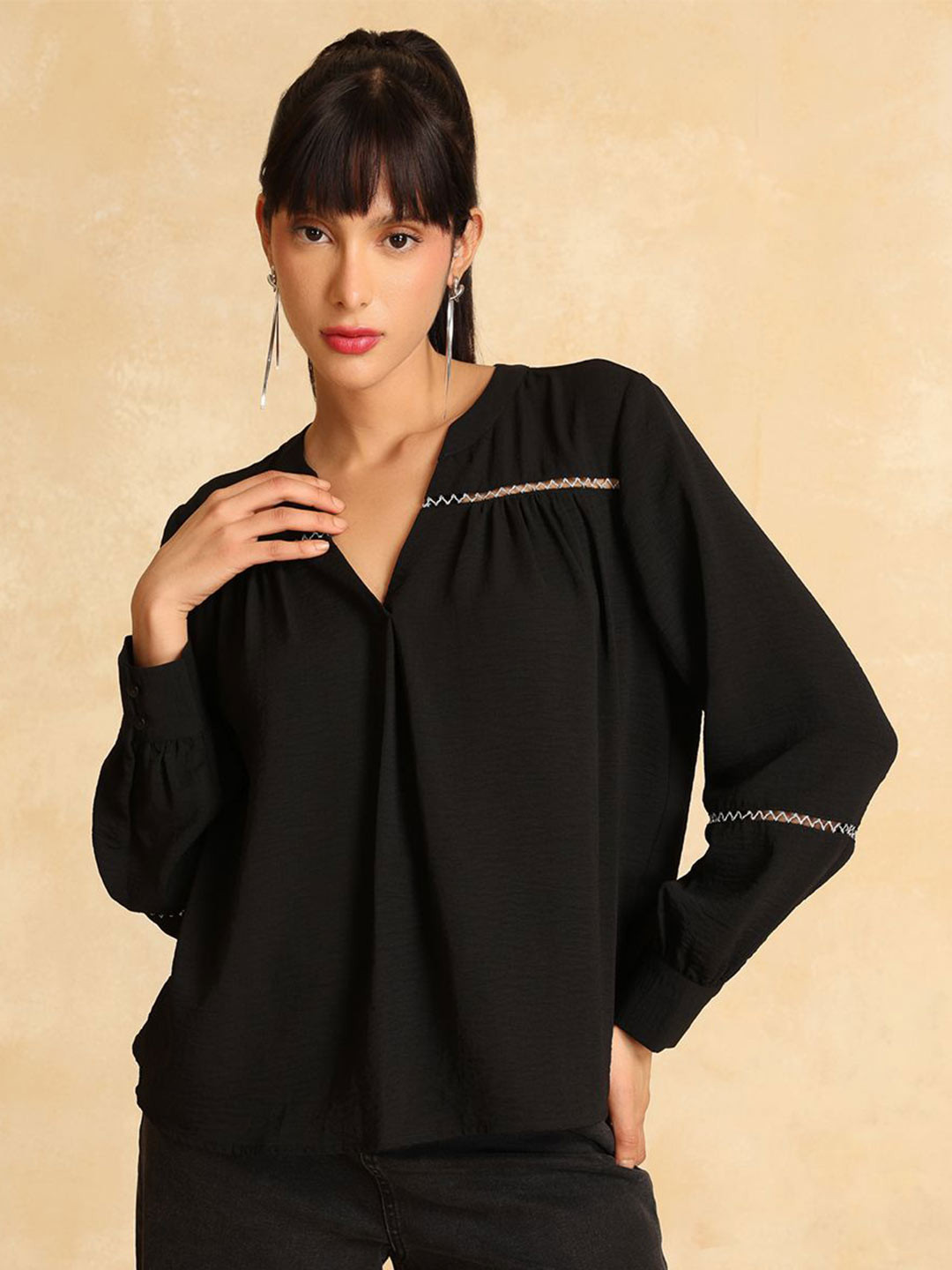 Kazo Maxine Cuffed Sleeves V-Neck Gathered or Pleated Top