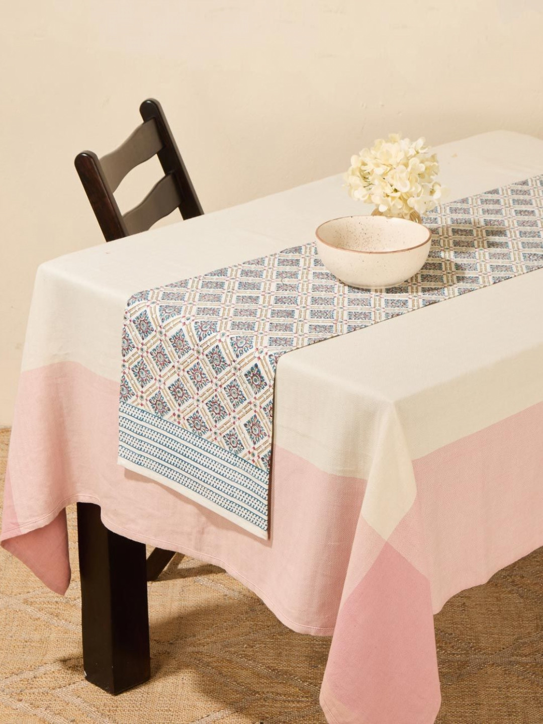 Fabindia White & Blue Printed Cotton Large Table Runner