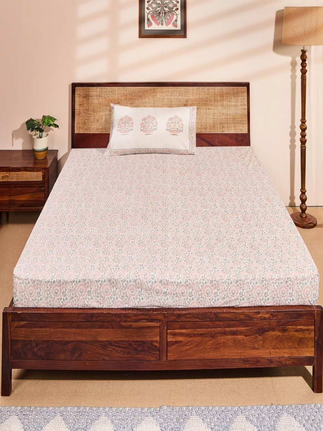 Fabindia Standalone Pink Floral Cotton 180 TC Single Bedsheet with a Pillow Cover-59 x 98 inches