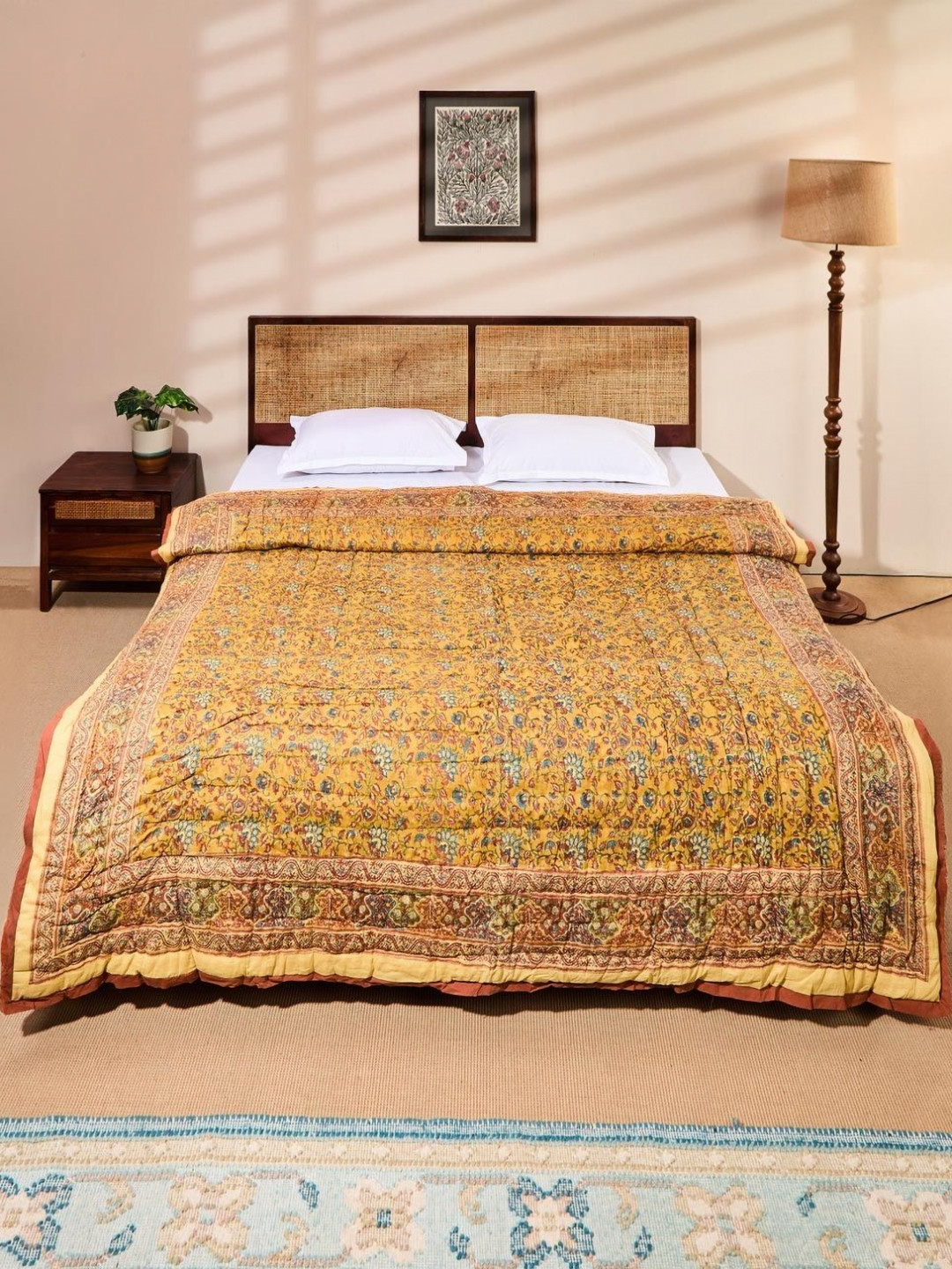 Fabindia Yellow & Blue Floral AC Room Double Bed Quilt