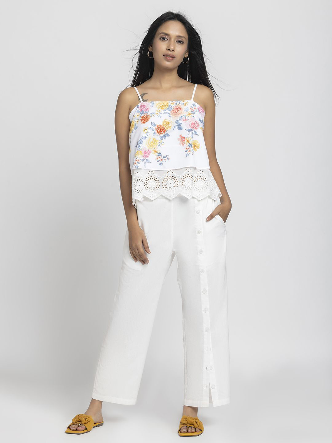 Shaye White Floral Printed Cotton Casual Co-ords For Women