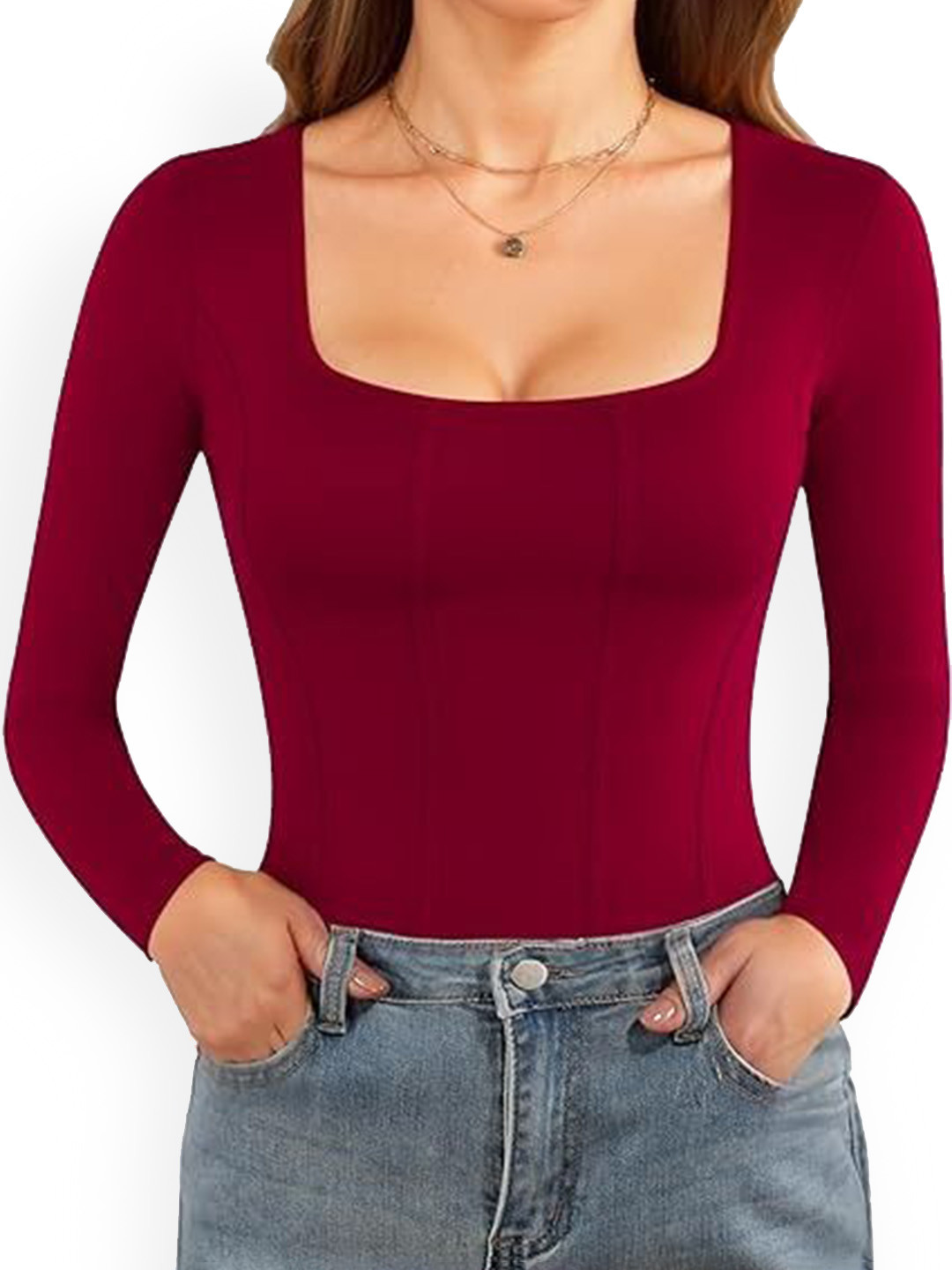 TRENDY ERA Square Neck Long Sleeves Bodysuit