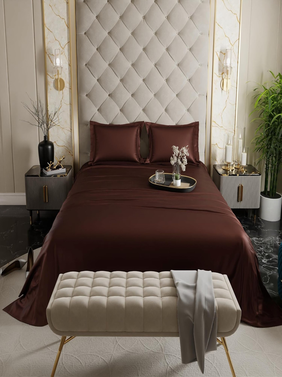 Myntra Elegant Homes Gloss Burgundy Cotton 300 TC King Fine Bedsheet with 2 Pillow Covers-98 x 89 inches