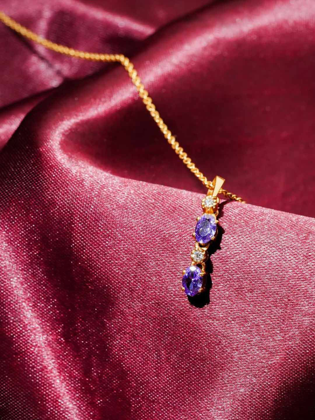 Soraya Luxe 925 Sterling Silver 18K Gold Plated CZ Stone Amethyst Pendant With Chain