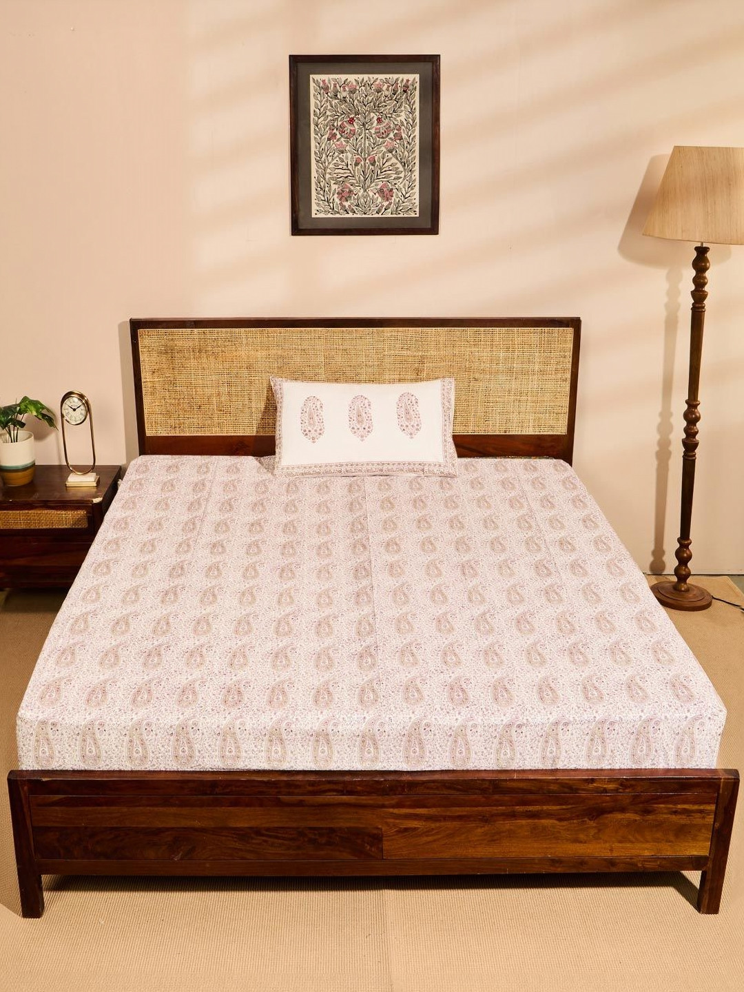 Fabindia Standalone Beige Paisley Cotton Breathable 180 TC Double Bedsheet with a Pillow Cover-59 x 98 inches
