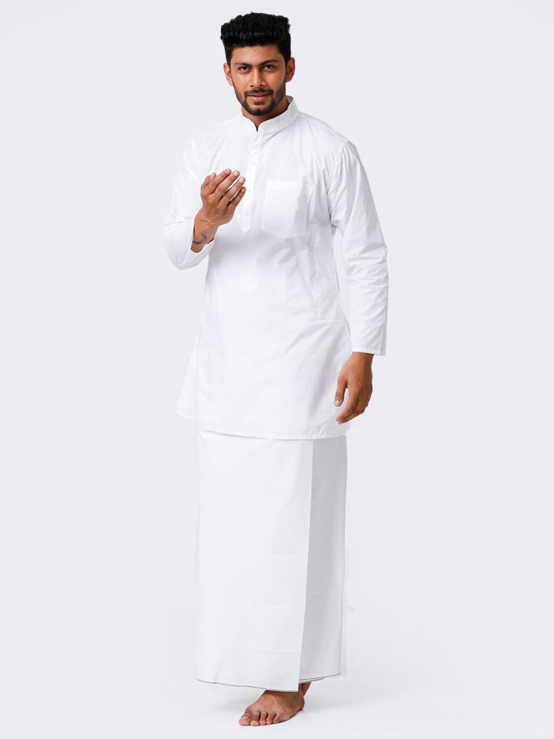 RAMRAJ COTTON Men Full Sleeve White Cotton Kurta with Prayer Dhoti Set