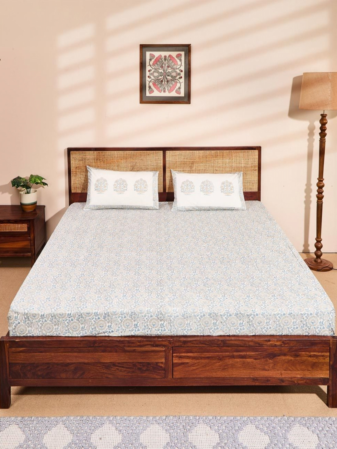 Fabindia Standalone White Floral Cotton 180 TC King Fine Bedsheet with 2 Pillow Covers-108 x 108 inches