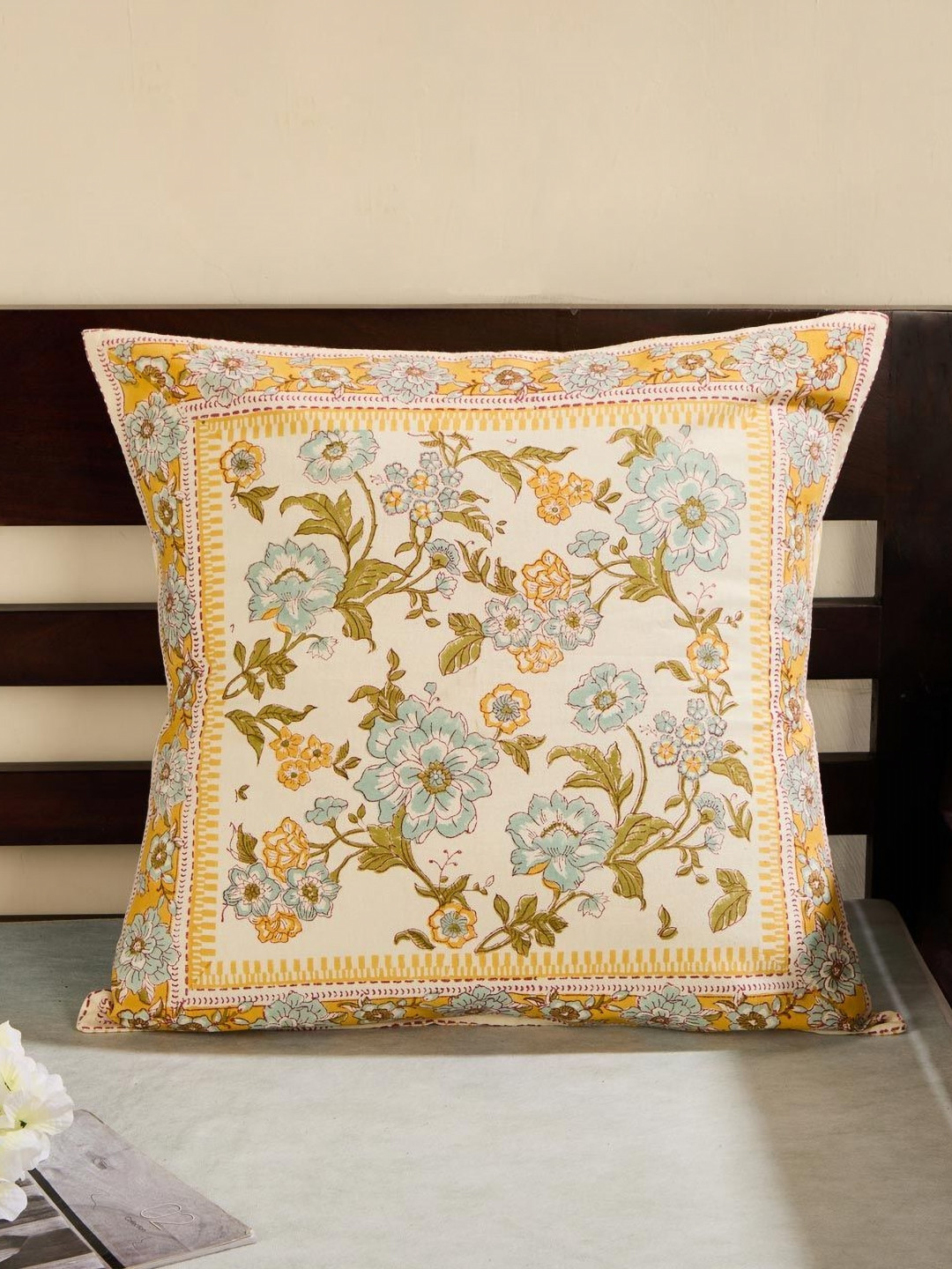 Fabindia Hamza Blue Floral Cotton Breathable Square Cushion Cover -20x20In