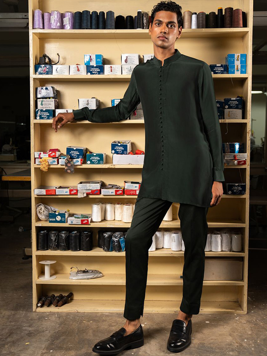 Project Bandi Men Geometric Printed Thread Work Crepe Kurta