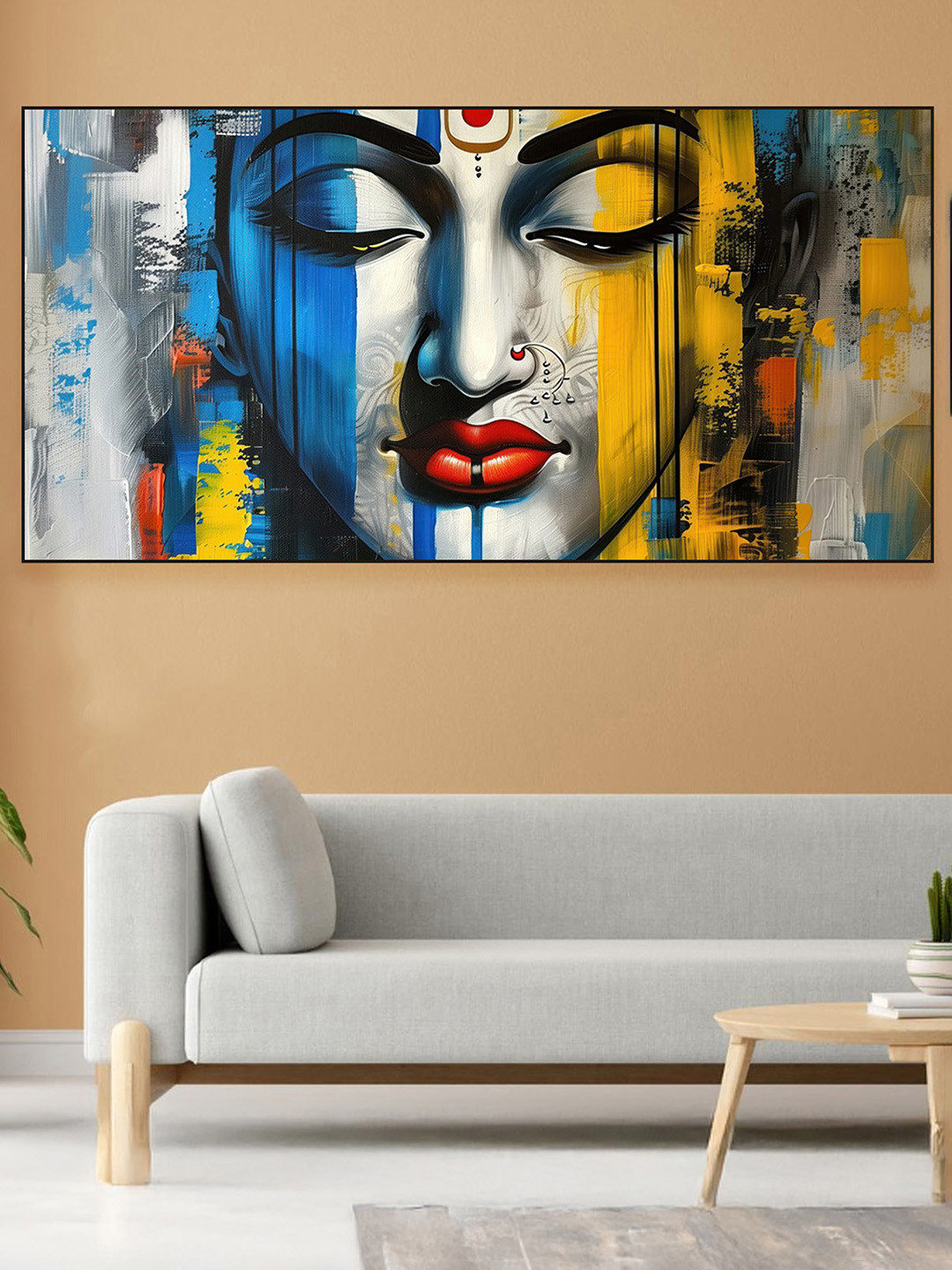 nestroots Grey & Blue Majestic Ganesha On Orange Canvas Religious Wall Paintings