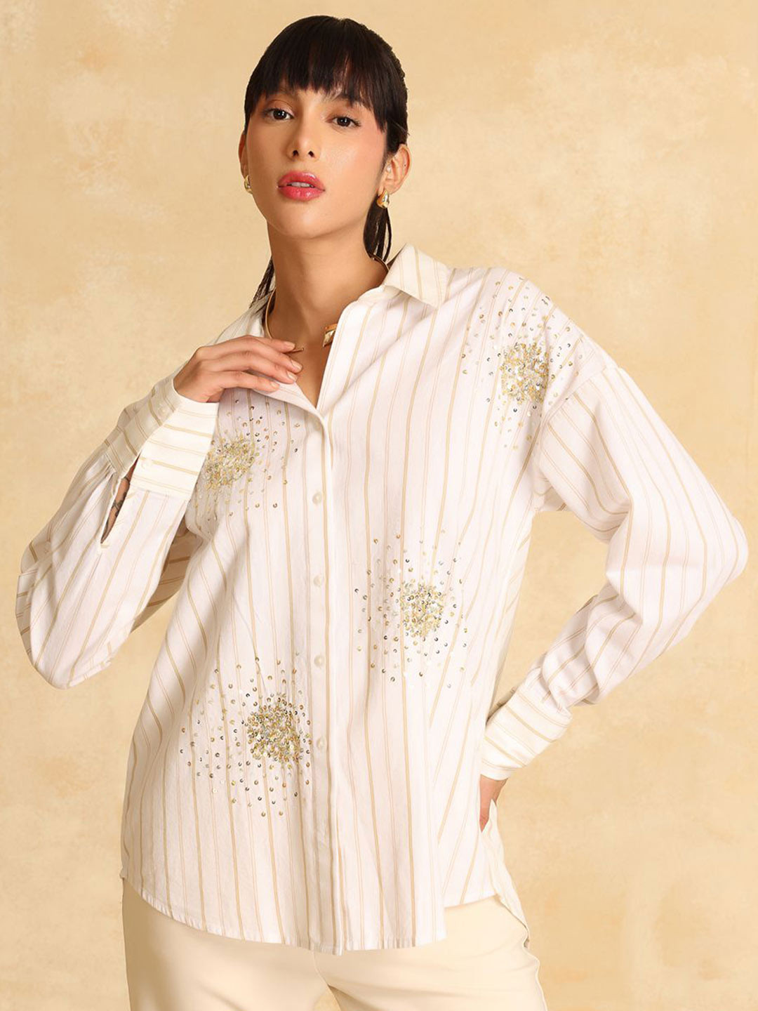 Kazo Sniggy Women Relaxed Fit Vertical Striped Embellished Party Shirt