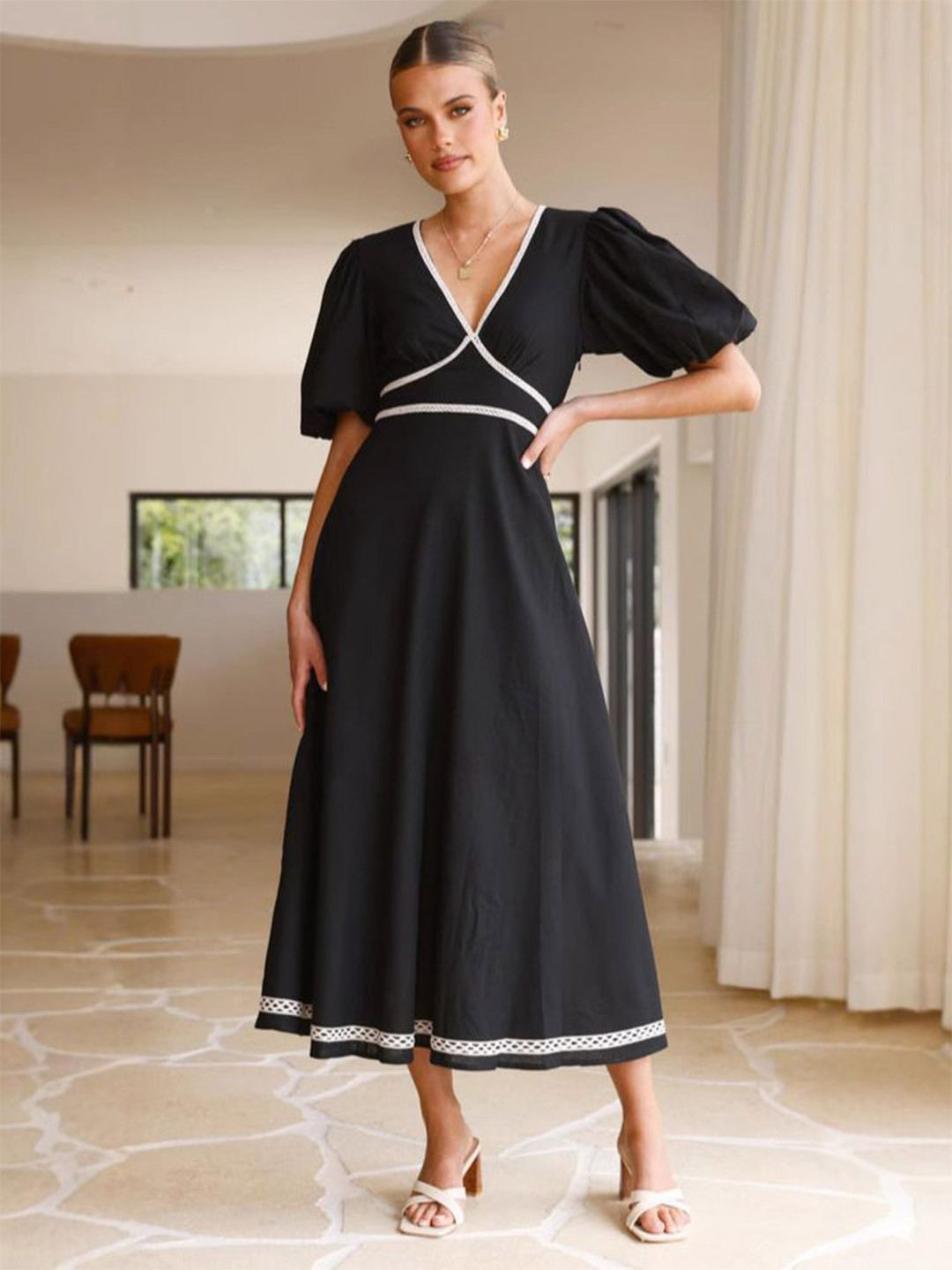 Embroidered Trim Puff Sleeve Midi Dress