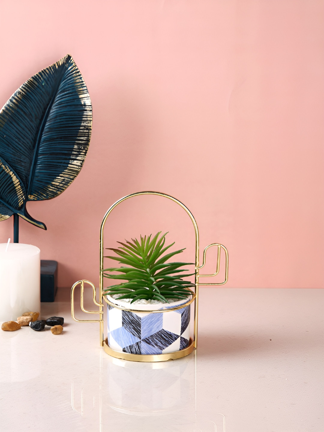 Myntra Elegant Homes White & Blue Chevron Printed Frame Artificial Flowers and Plants