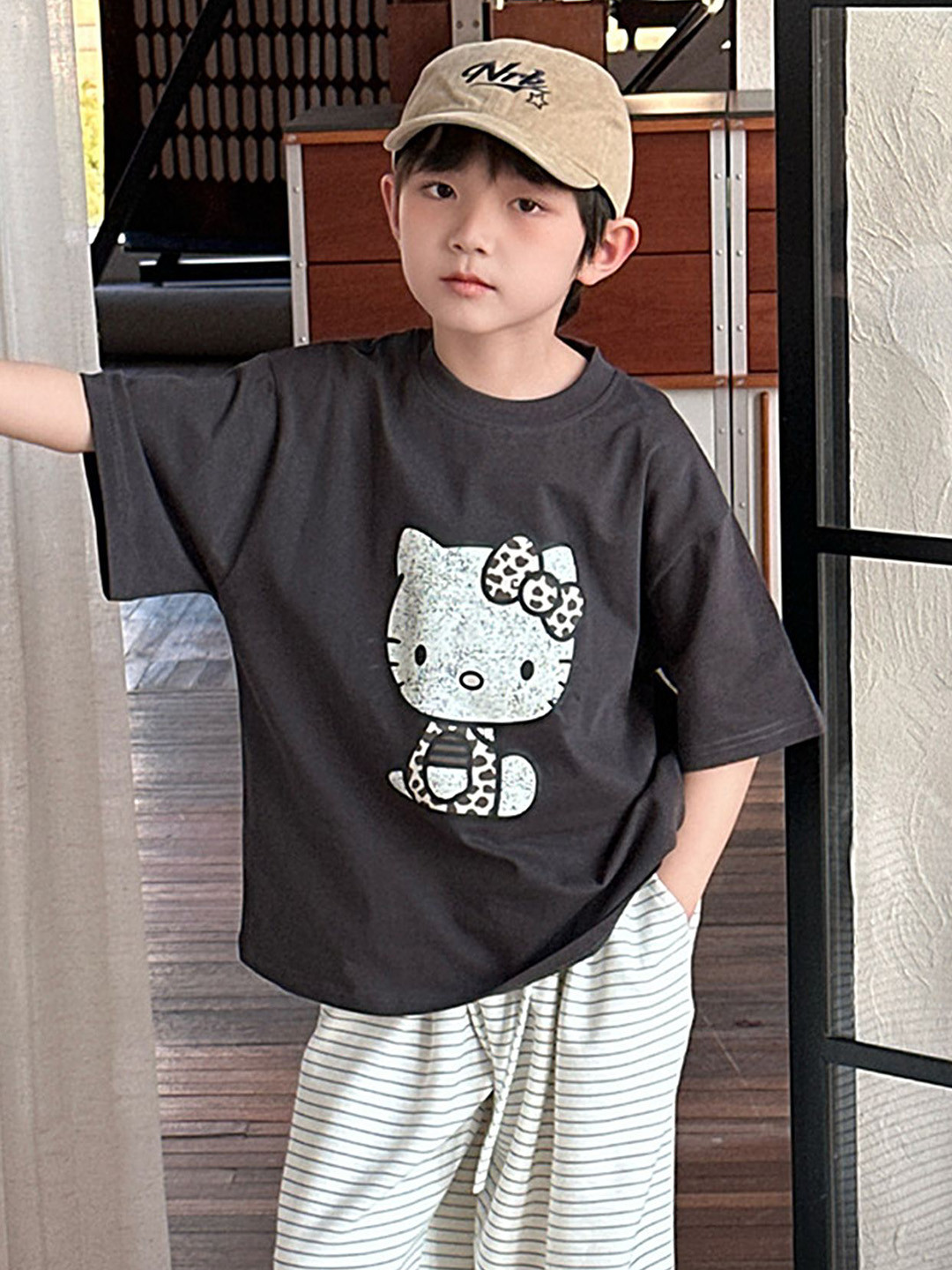 LULU & SKY Kids Biker Printed Henley Neck Extended Sleeves Organic Cotton Applique Boxy T-shirt