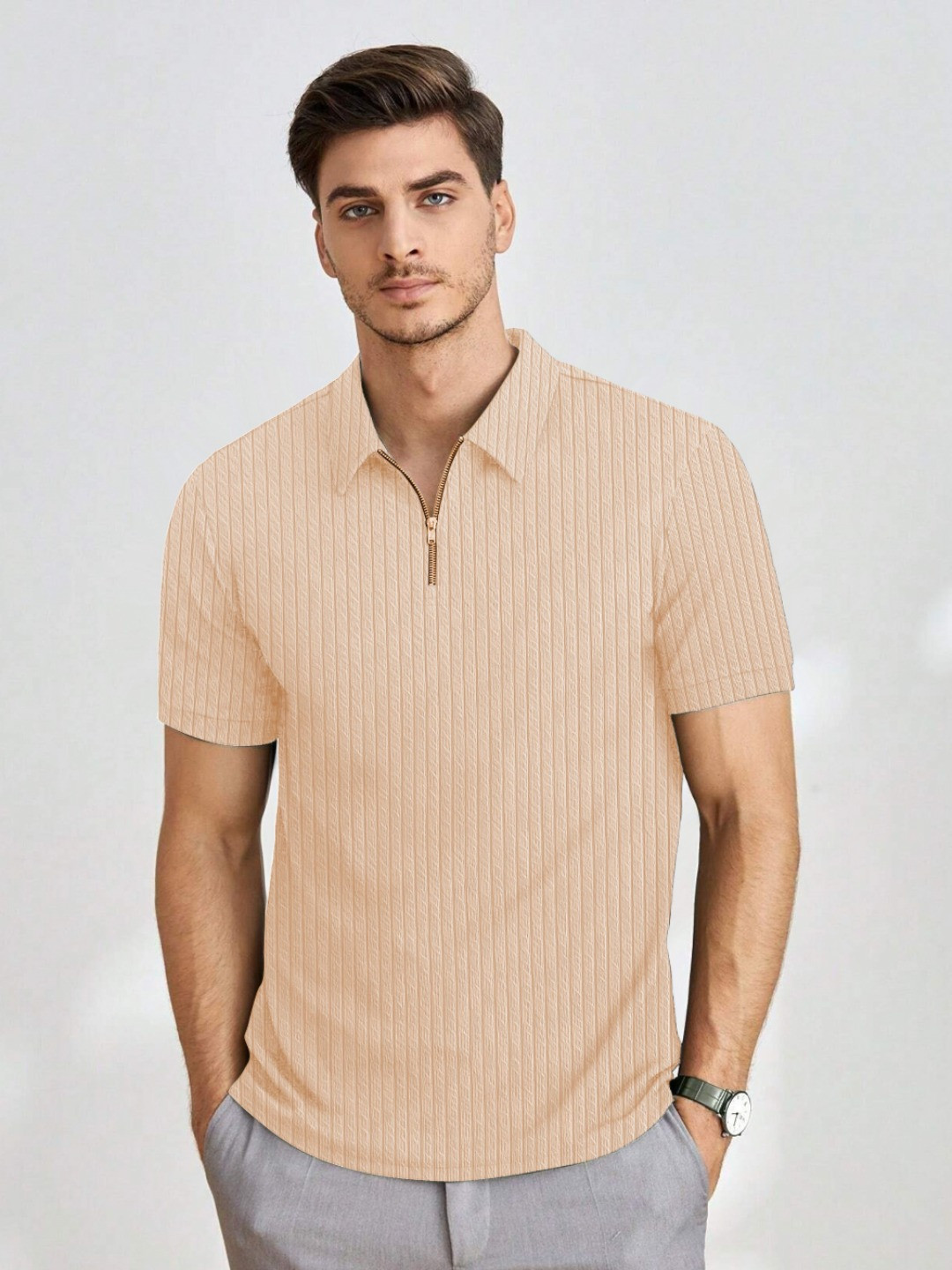 KAJARU Men Polo Collar Extended Sleeves Pockets T-shirt
