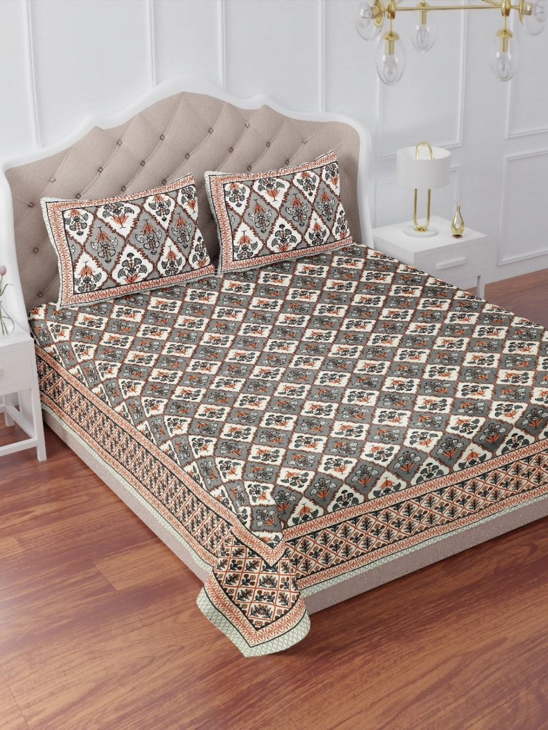 BharatLinen Grey Floral Pure Cotton 210 TC King Fine Bedsheet with 2 Pillow Covers-93 x 108 inches