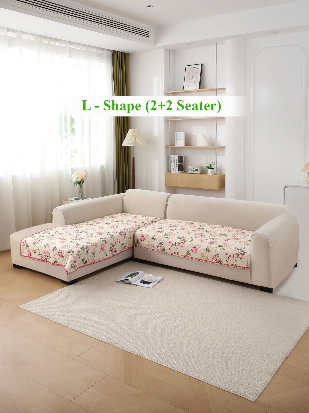 HOKIPO Beige Peonies Printed Quilted L Shape 2+2 Seater Sofa Cover Seat Mat