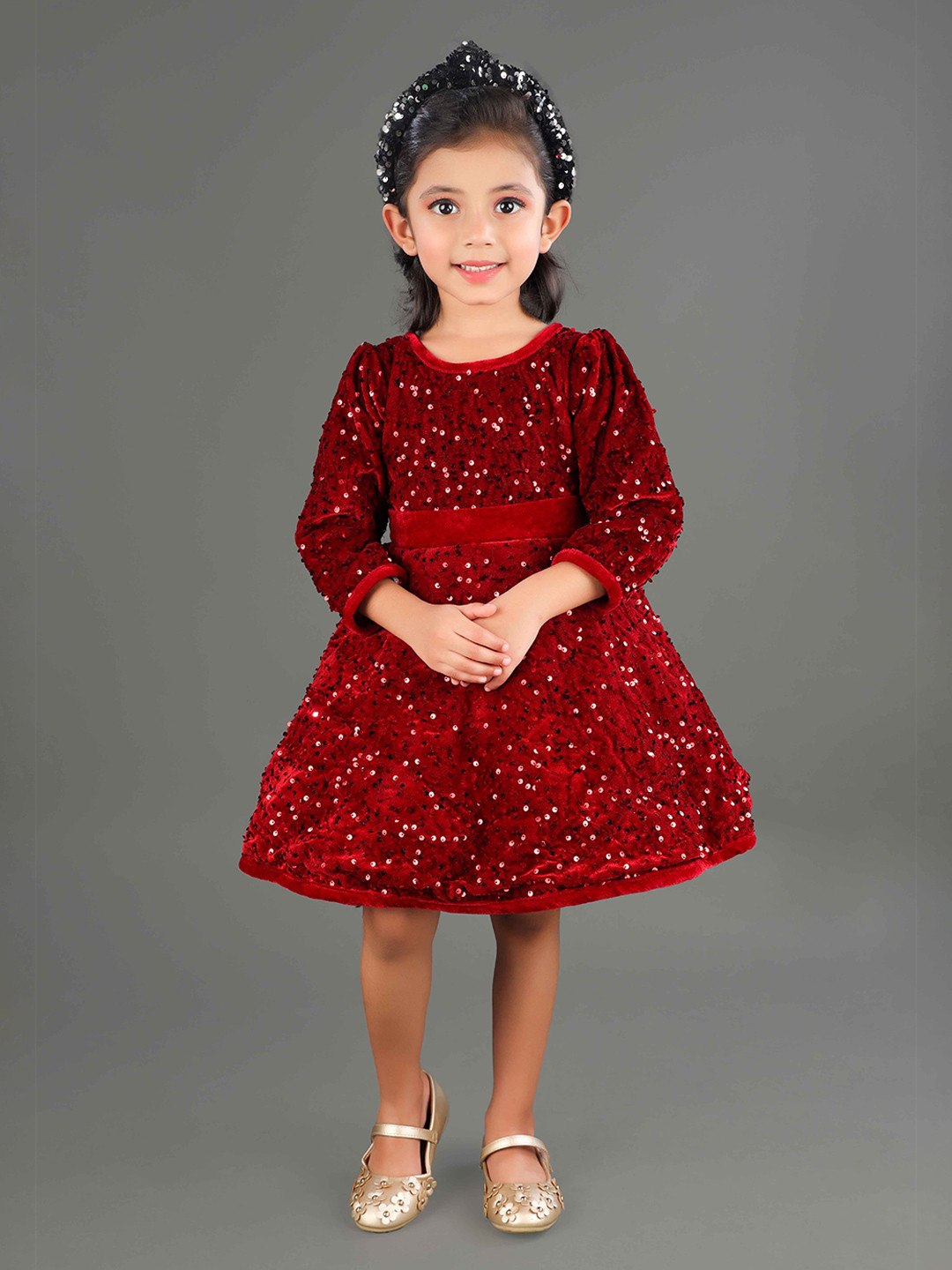 Titrit Floral Puff Sleeve Velvet Fit & Flare Dress