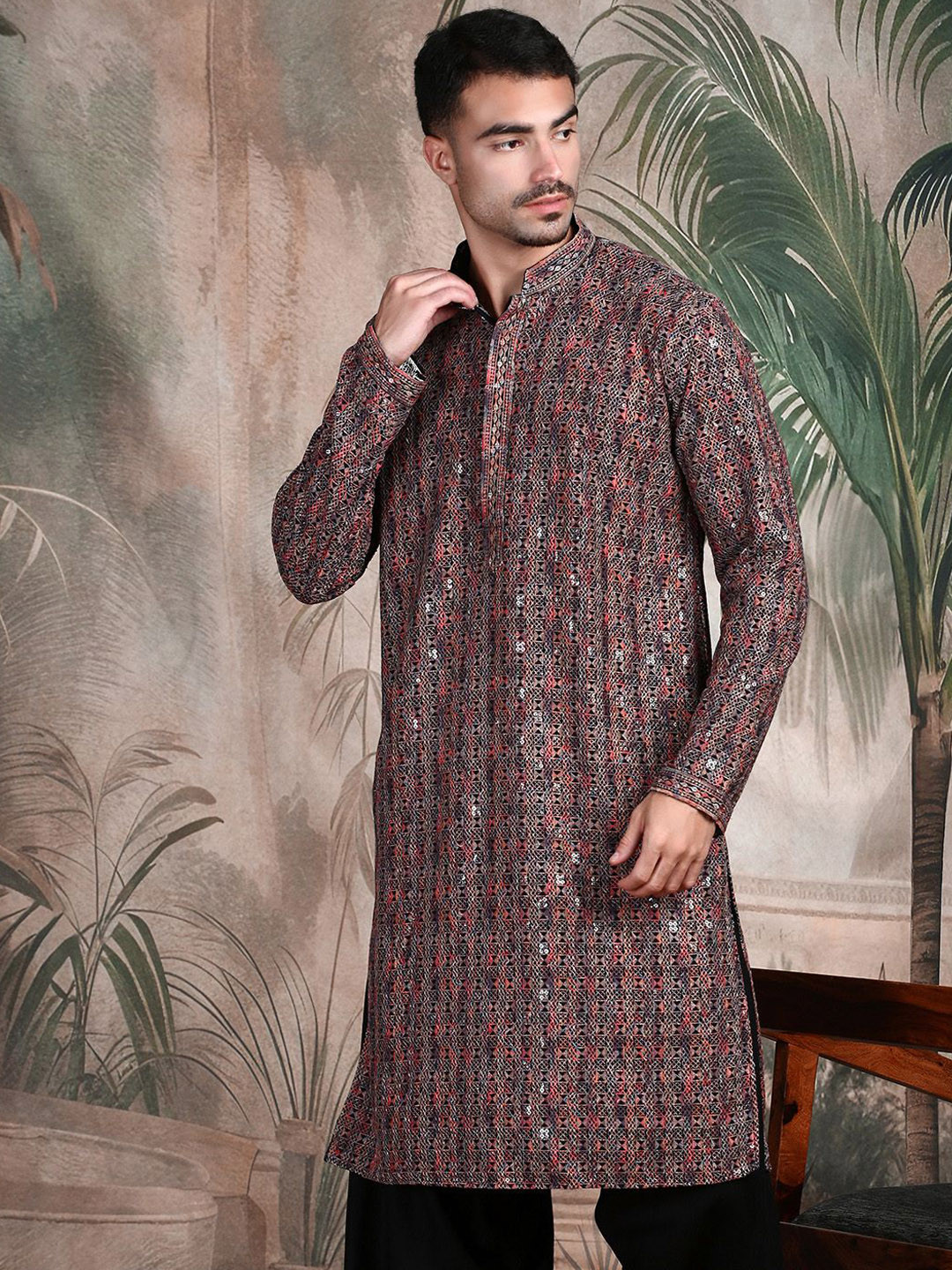 Sangria Chic Geometric Pattern Chikankari Kurta With Sequin