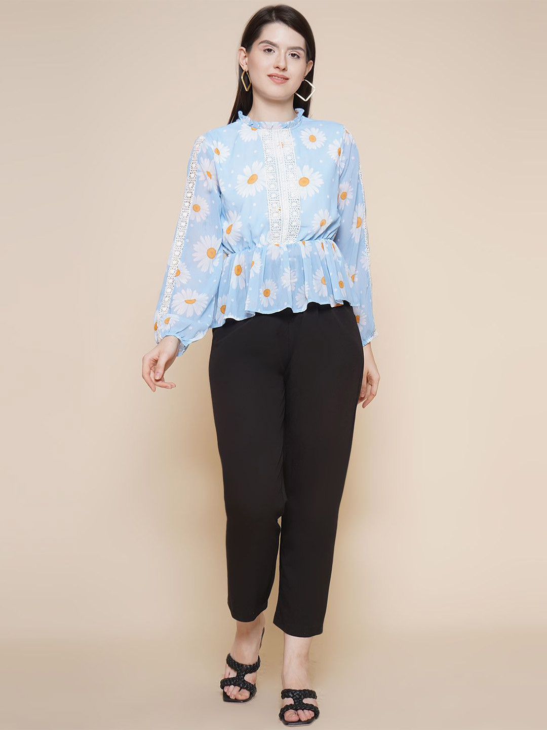 JAKANARY Floral Print Bishop Sleeves Crepe Top