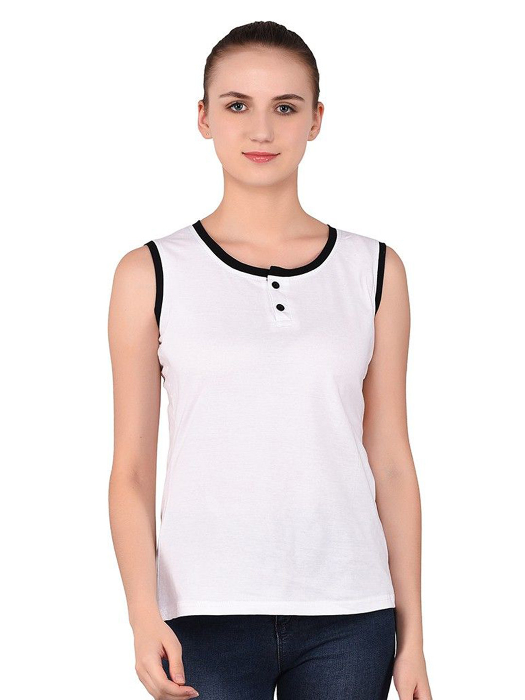 BEYOU FASHION Women Henley Neck Sleeveless T-shirt