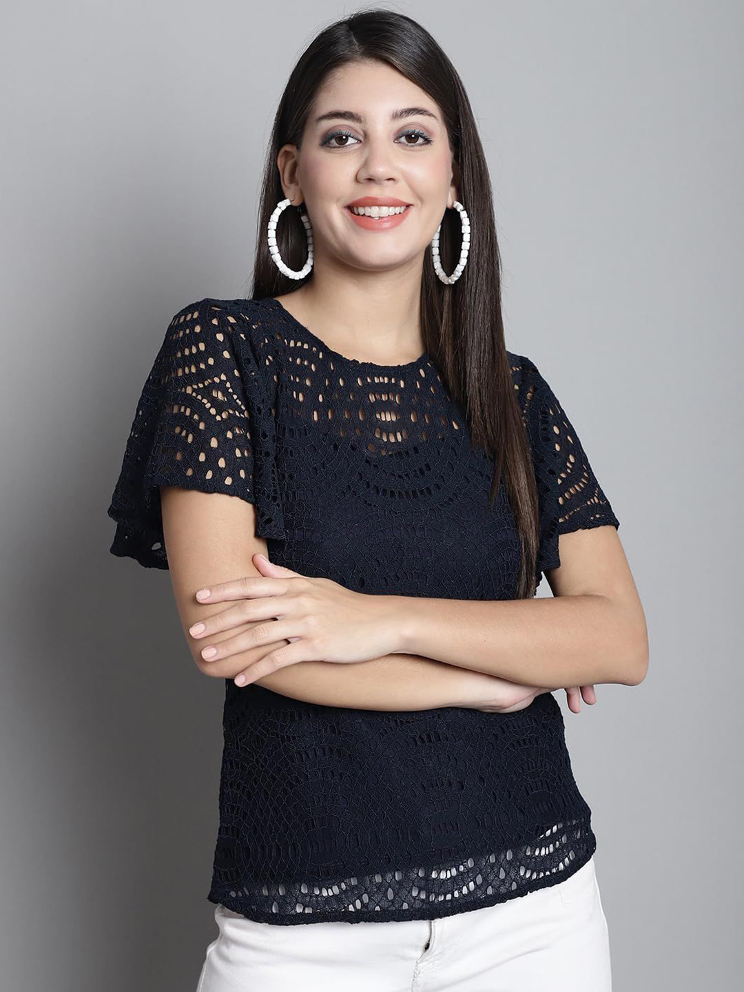 Navy Blue Geometric Lace Round Neck Short Sleeve Top