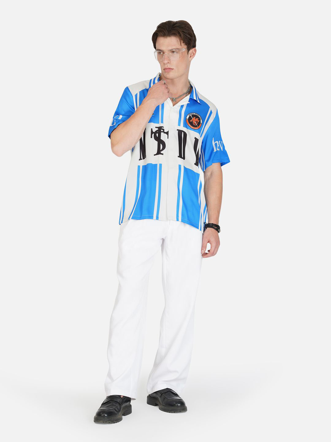 CLUBHAVANA Men Blue Streak Premium Relaxed Fit Typography Printed Satin Casual Shirt