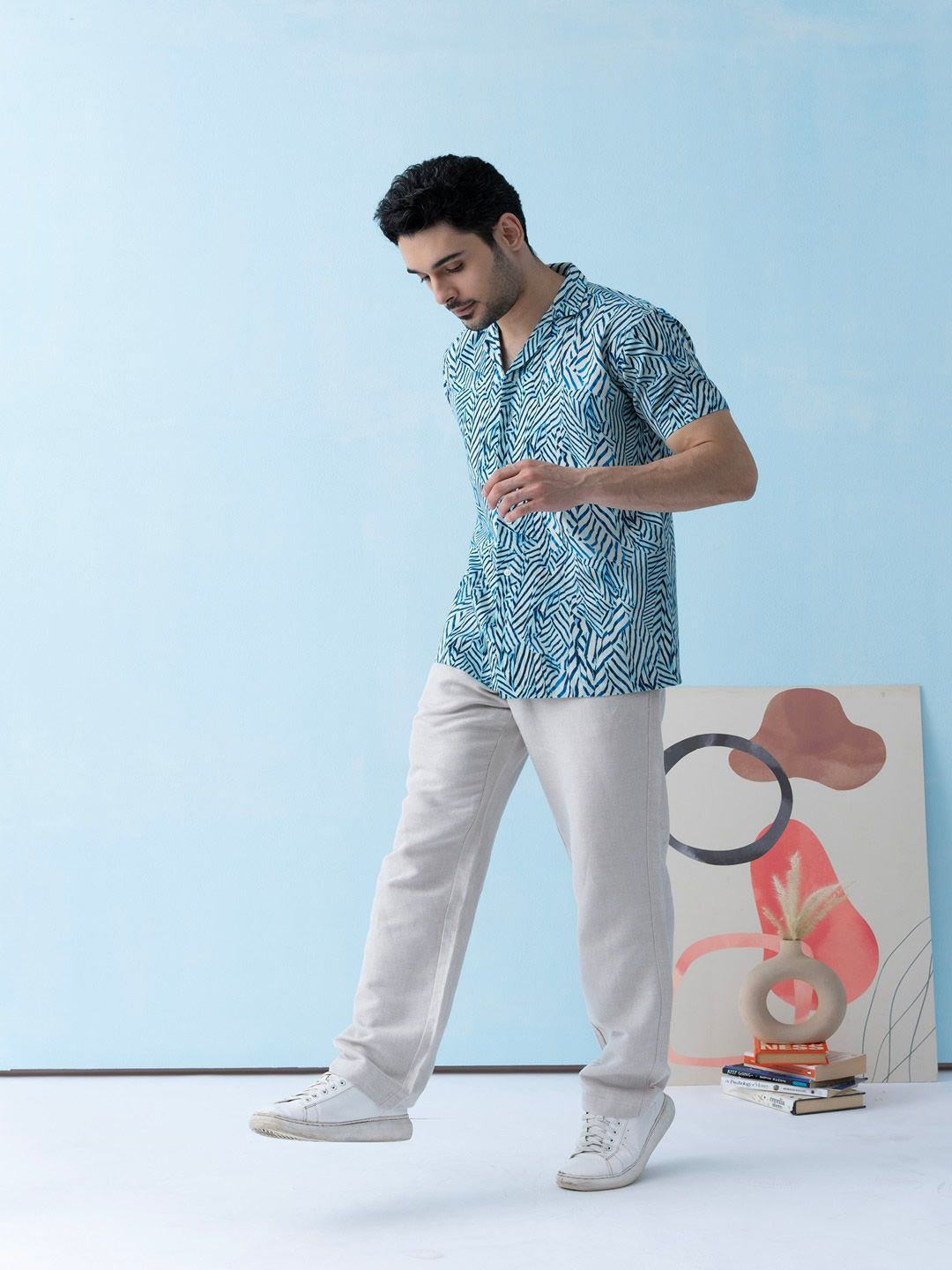 VELLURE Men's Blue Wave Coastline Hemp Cuban Half Sleeve Shirt