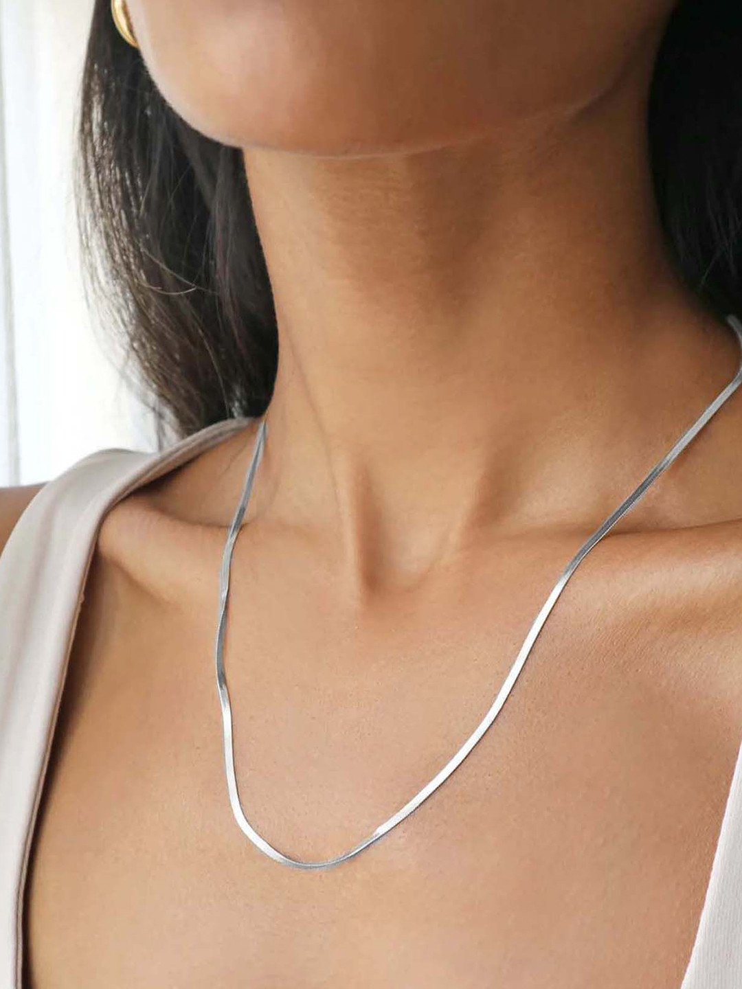 VAMA Women Stainless Steel Silver Flat Snake Western Charm Herringbone Necklace Chains