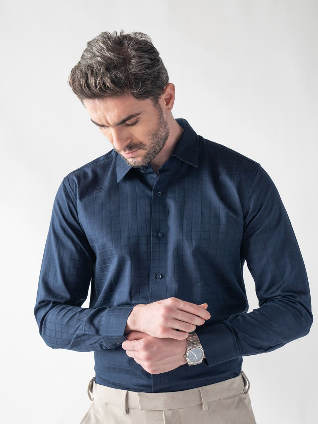 VELLURE Men's Dark Navy Checkmate Giza Satin Full Sleeve Shirt