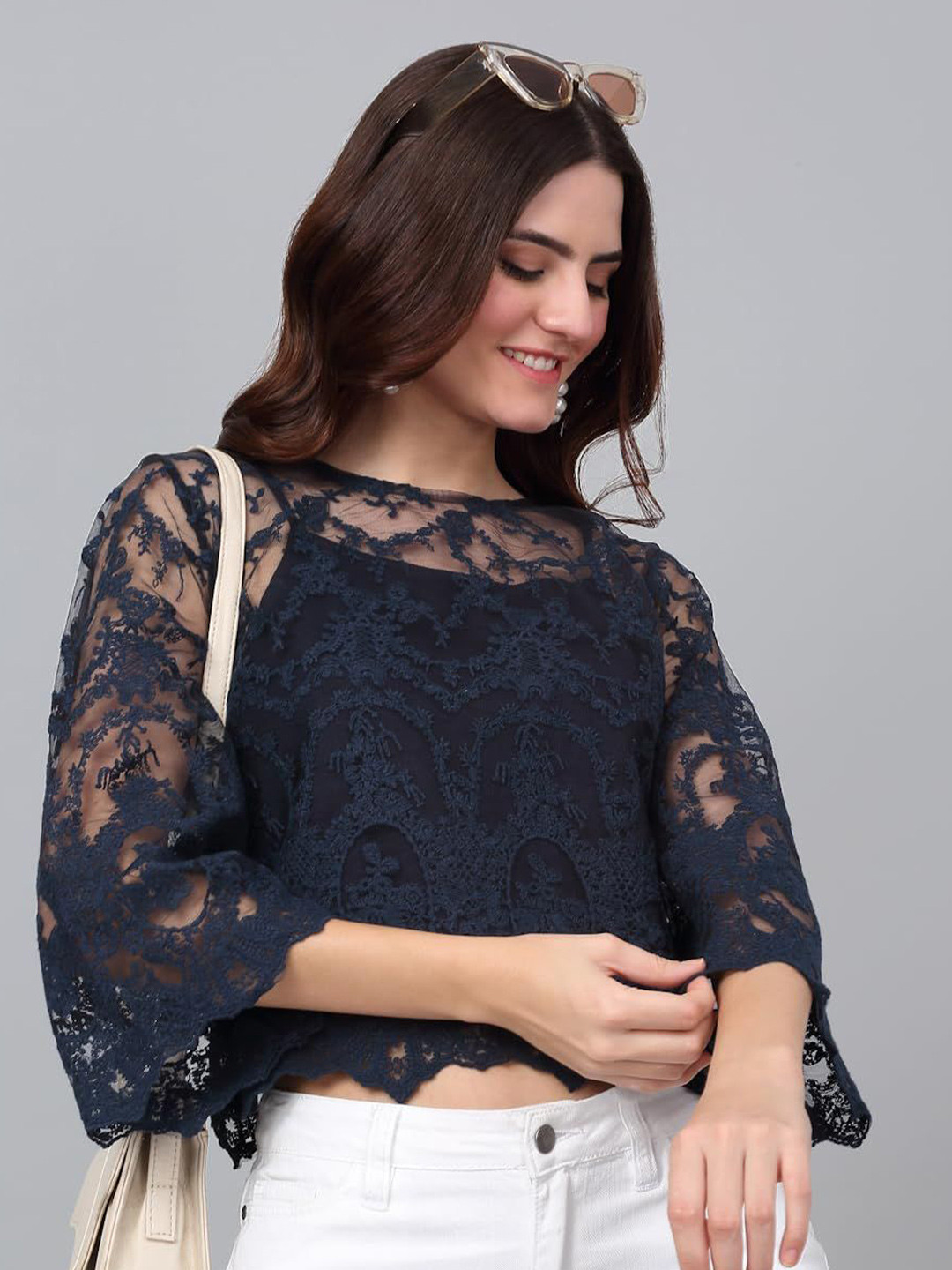 SZN Navy Blue Lace Flared Sleeve Party Top