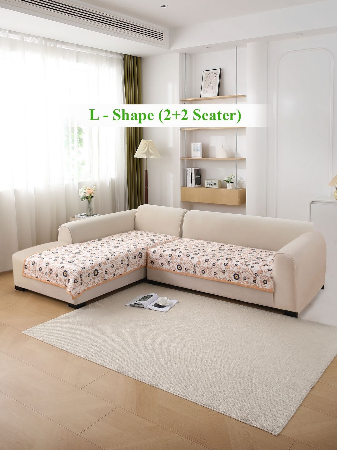 HOKIPO Light Peach Candytuft Printed Quilted L Shape 2+2 Seater Sofa Cover Seat Mat