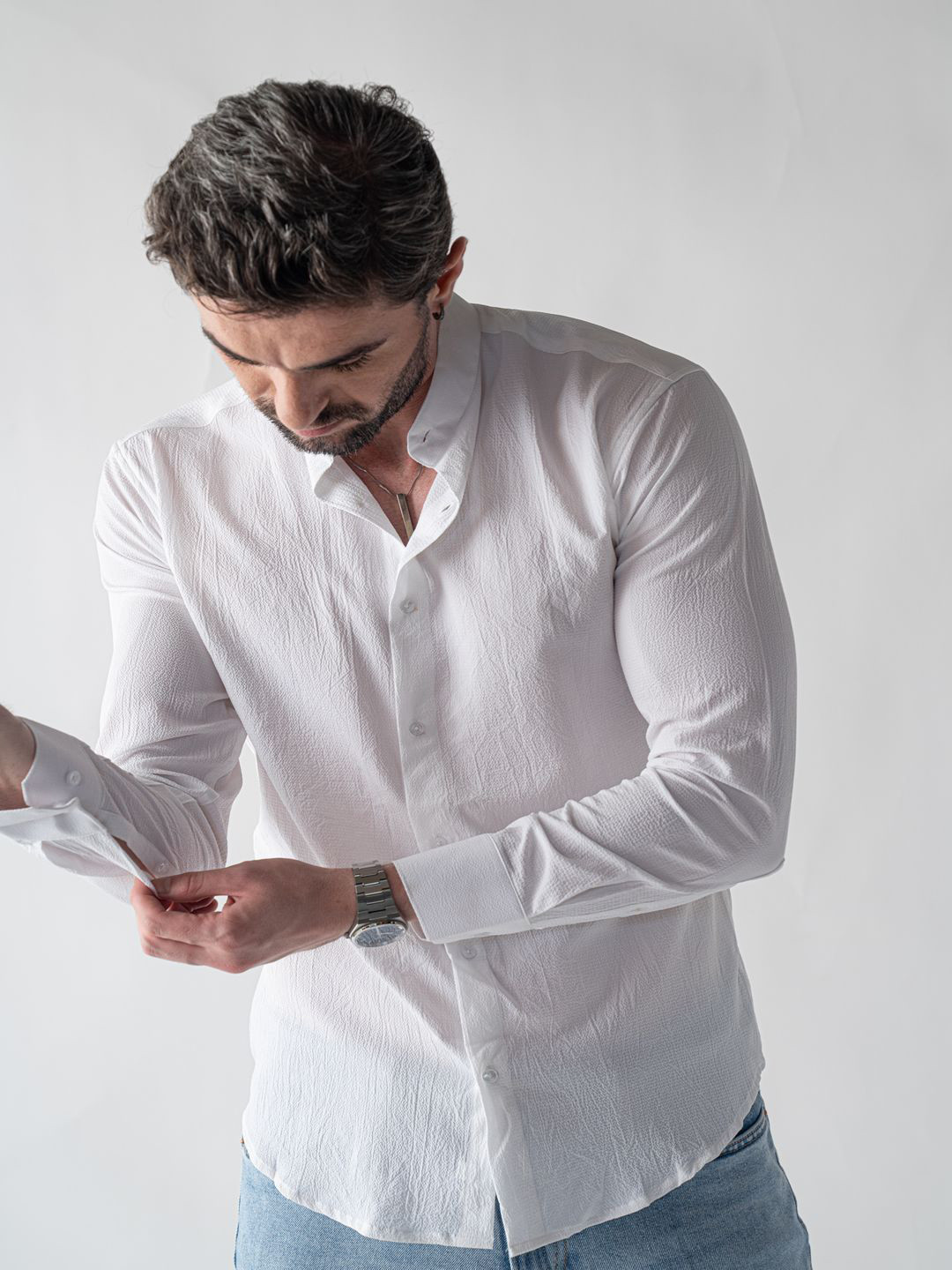 VELLURE Men's Crisp White Ripple Button-Up Full Sleeve Shirt