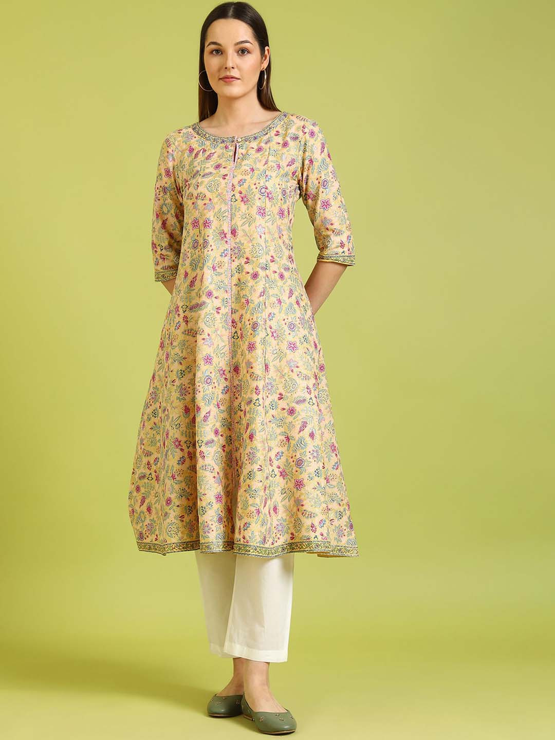 W Woman Yellow Floral Glitter Printed Pure Cotton Anarkali Kurta
