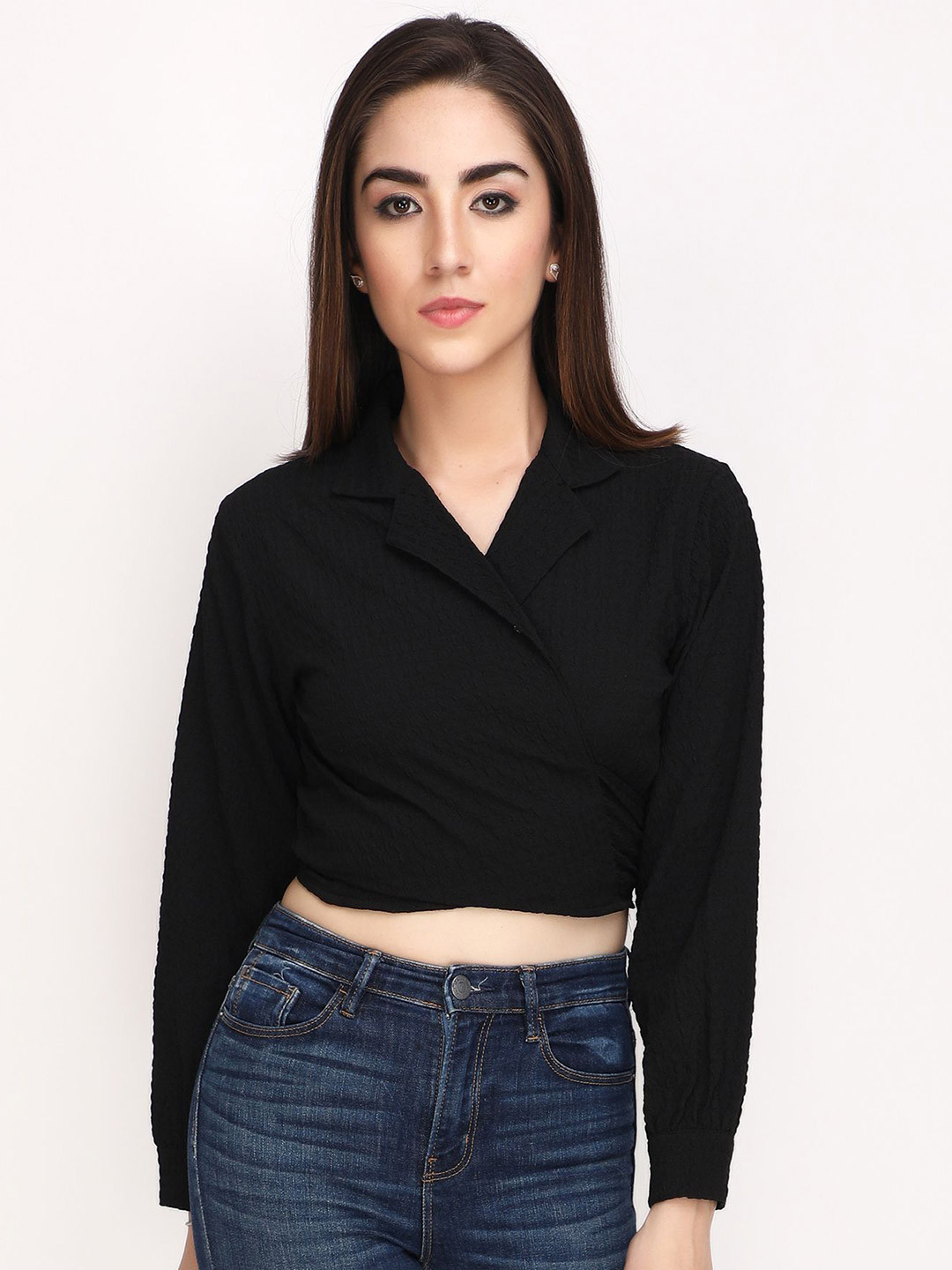 JAKANARY Lapel Collar Crop Top