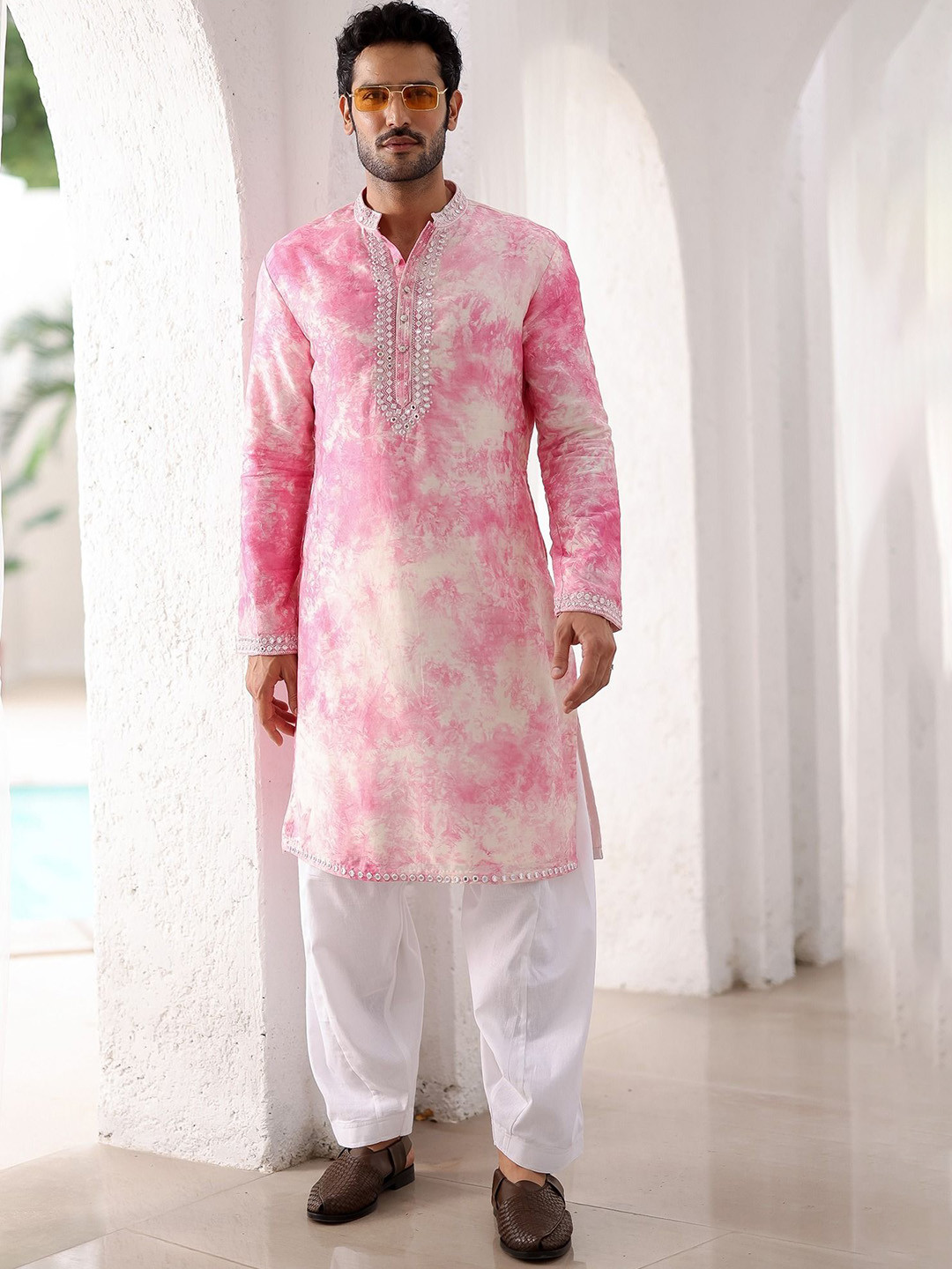 ASUKA Men Printed Regular Thread Work Linen Kurta with Salwar