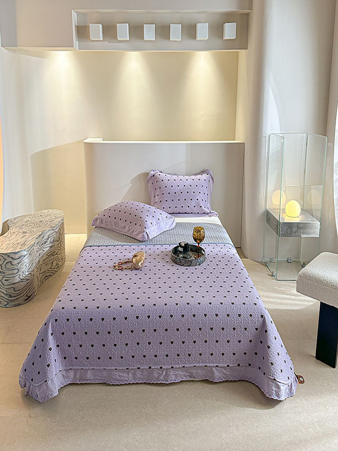 JC HOME Purple Colored Printed Bed Cover With Pillow