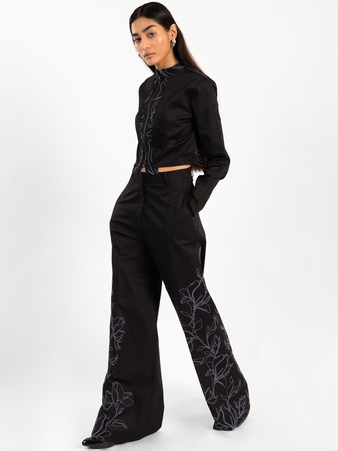 Contemponari Women Embroidered Relaxed Flared Wide Leg Trousers