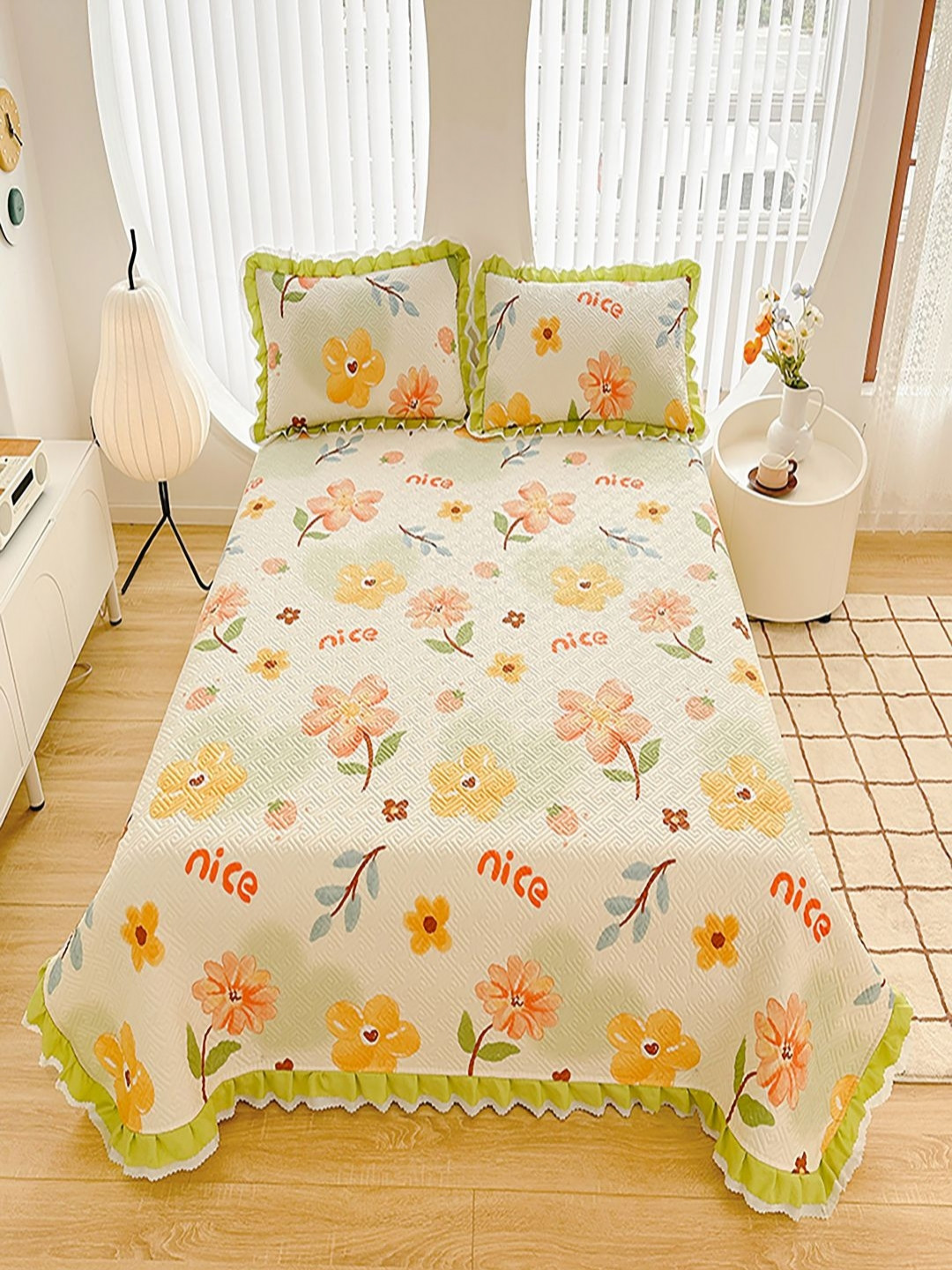 JC HOME Beige & Green Colored Floral Printed Bed Cover With Pillow