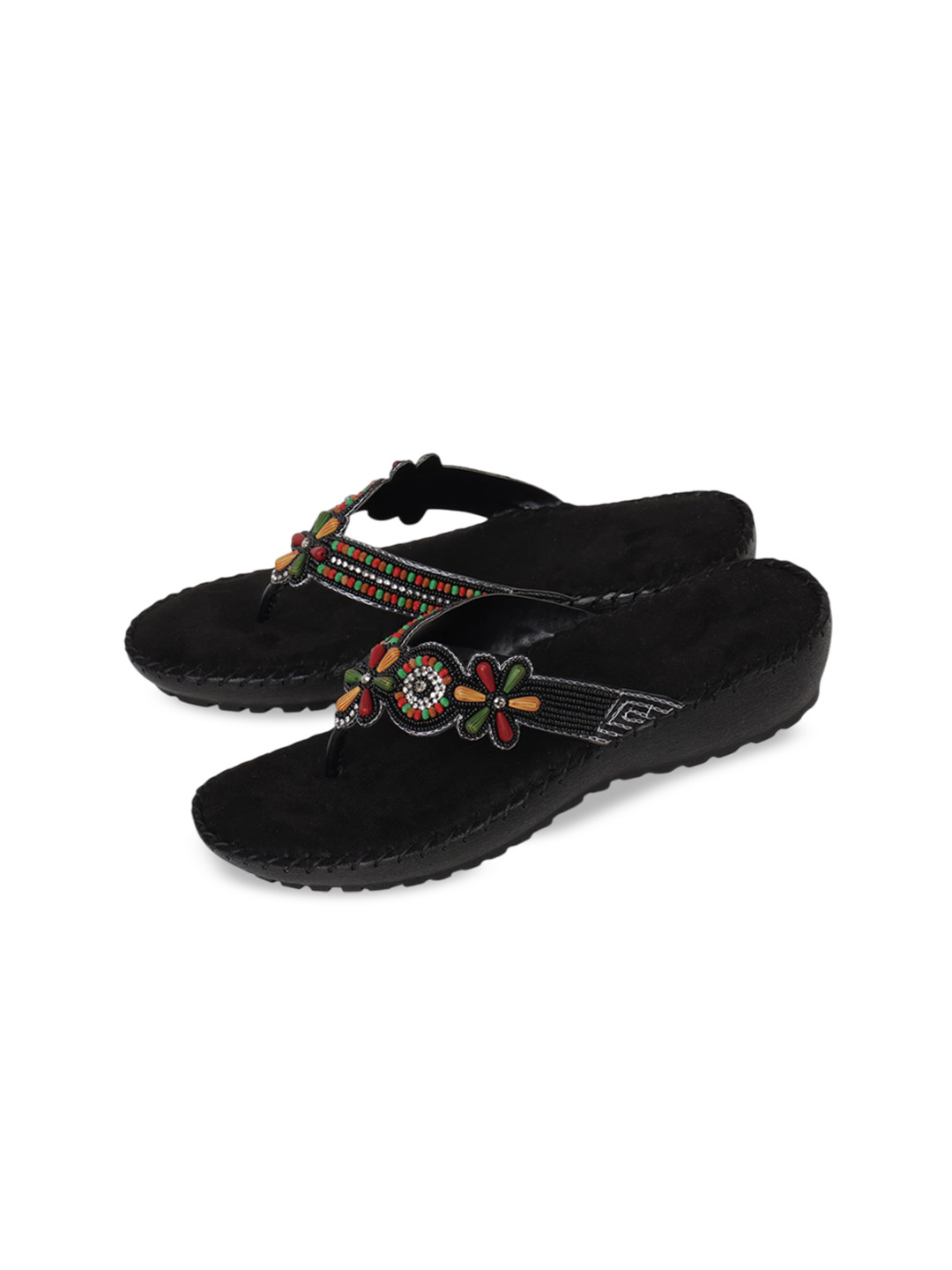 KNEETOES Women Beads & Stones Embellished T-Strap Flats