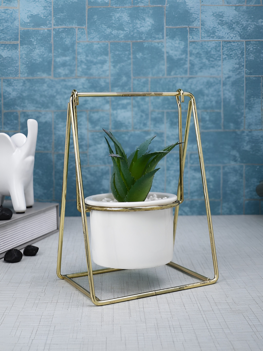 Myntra Elegant Homes White & Yellow Elevated Ceramic Planters With Stand