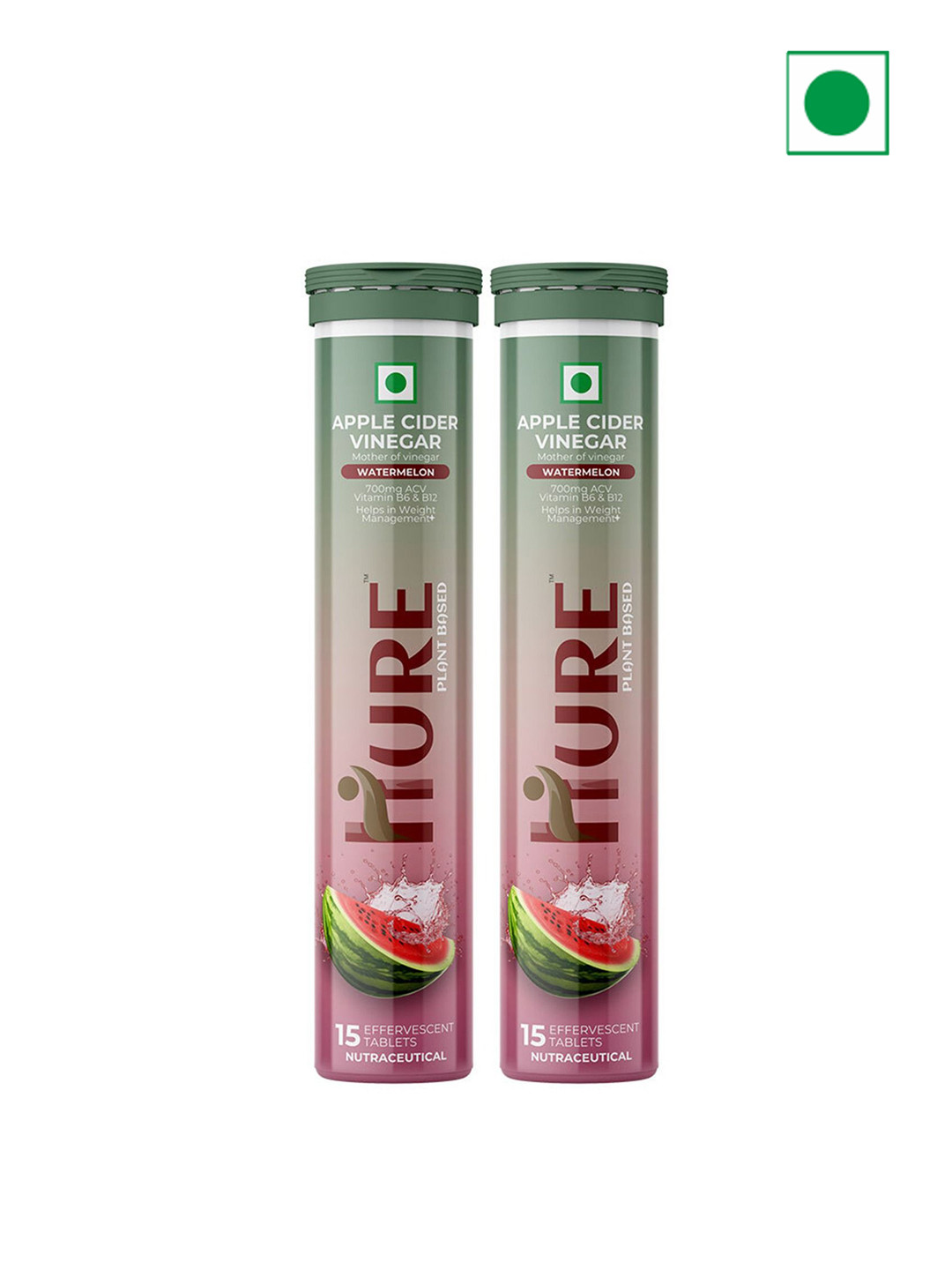 HURE THE PLANT FIX Set Of 2 Watermelon Apple Cider Vinegar Tablets - 15 Tablets Each