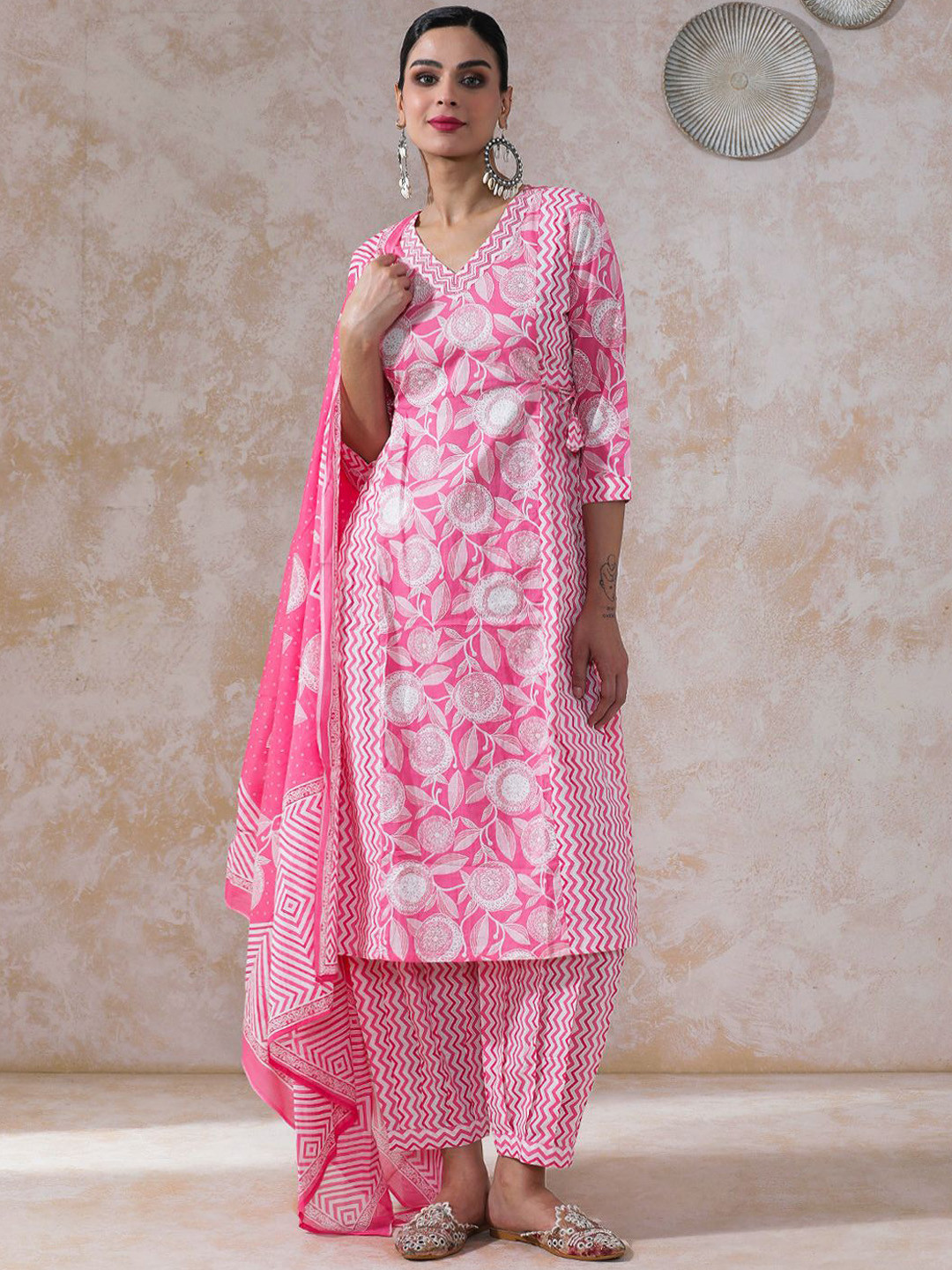 Moara Women Floral Printed Angrakha Zardozi Pure Cotton Kurta with Salwar & With Dupatta