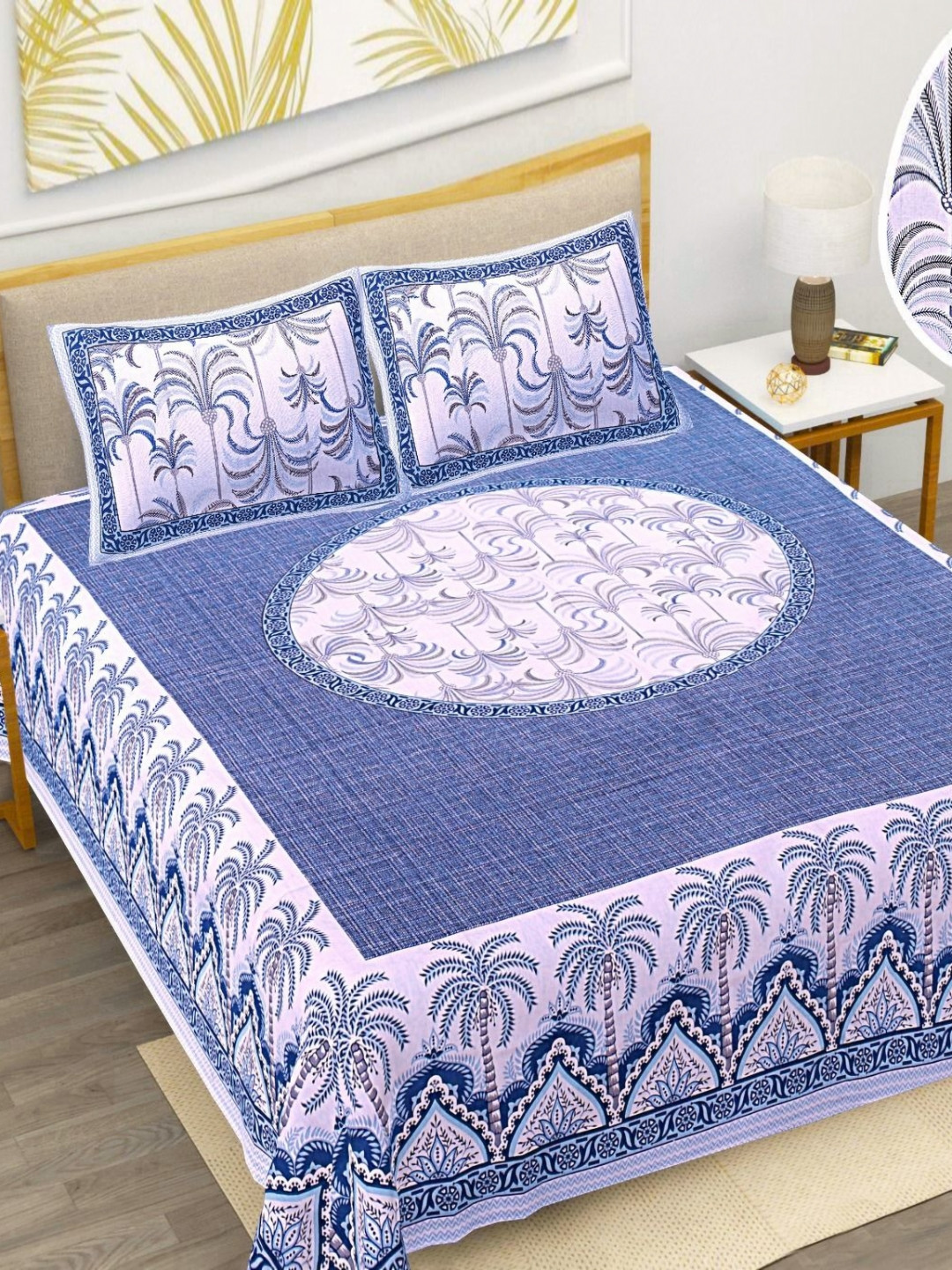 BharatLinen Blue Floral Pure Cotton 210 TC King Superfine Bedsheet with 2 Pillow Covers-108 x 96 inches