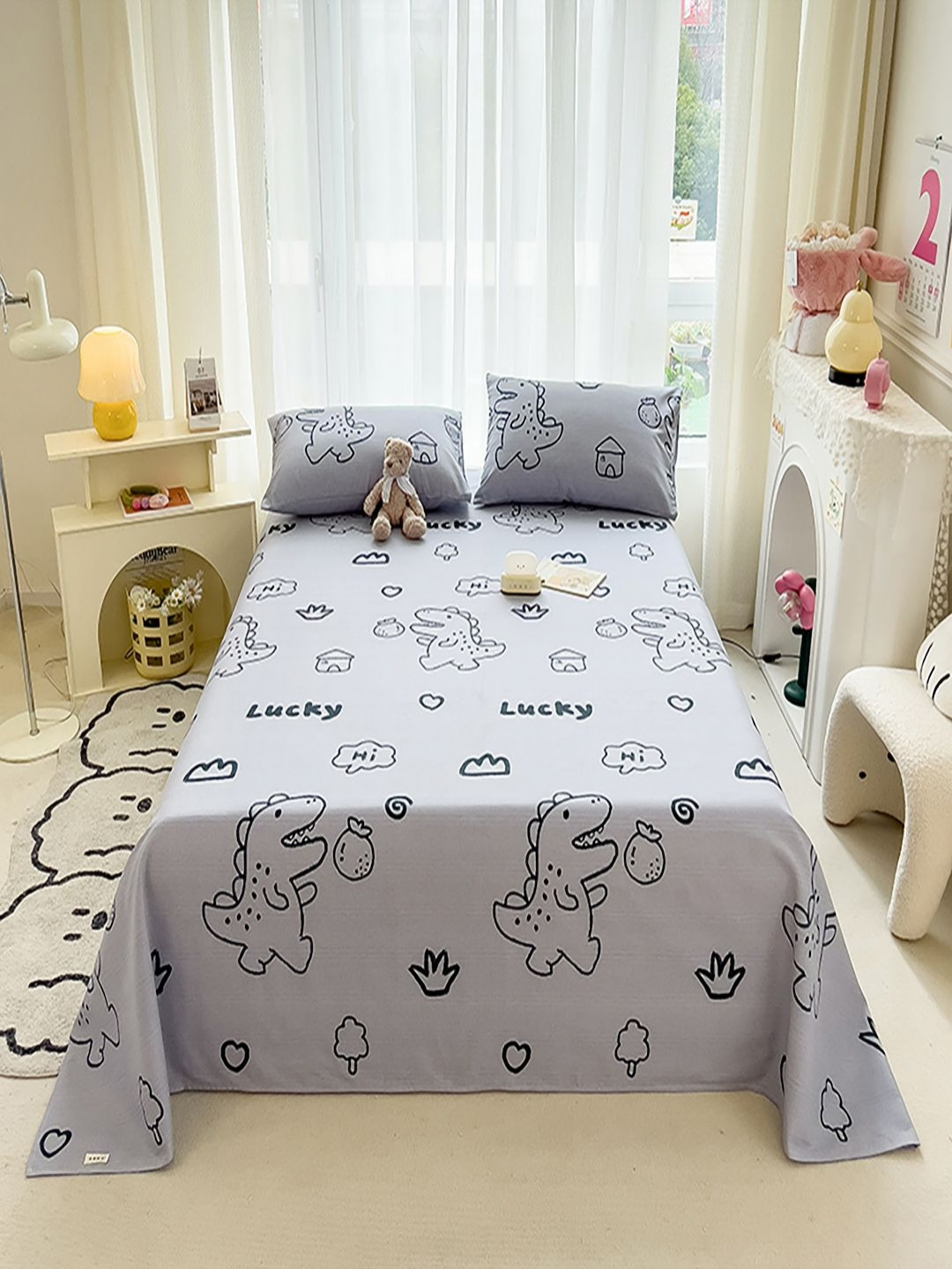 JC HOME Grey Cartoon Characters Polycotton 210 TC Double Fine Bedsheet with a Pillow Cover-91 x 63 inches