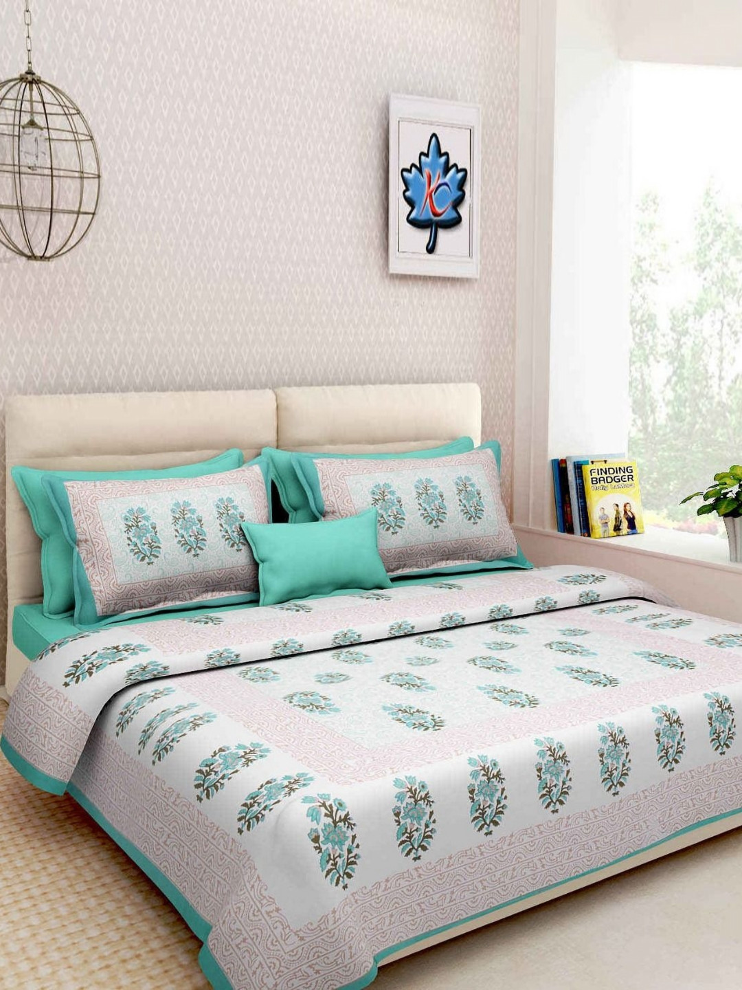 Myntra Elegant Homes Festive Creation Turquoise Blue Floral Pure Cotton 120 TC Queen Bedsheet with 2 Pillow Covers-93 x 85 inches