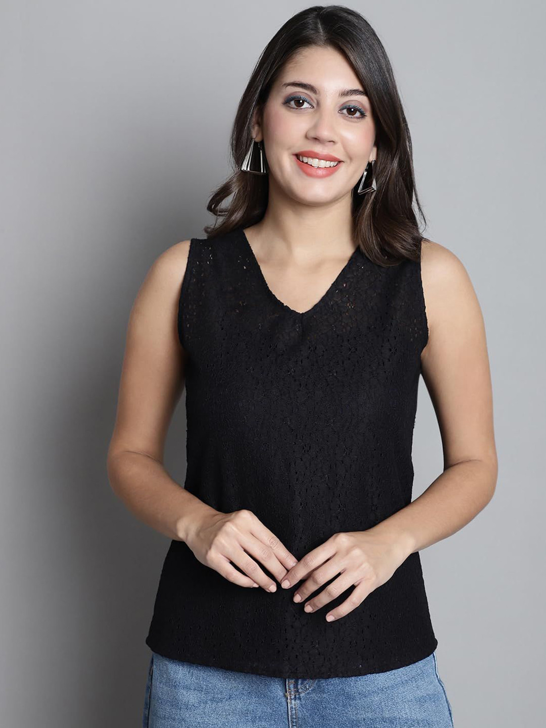 Black V-Neck Sleeveless Cotton Top