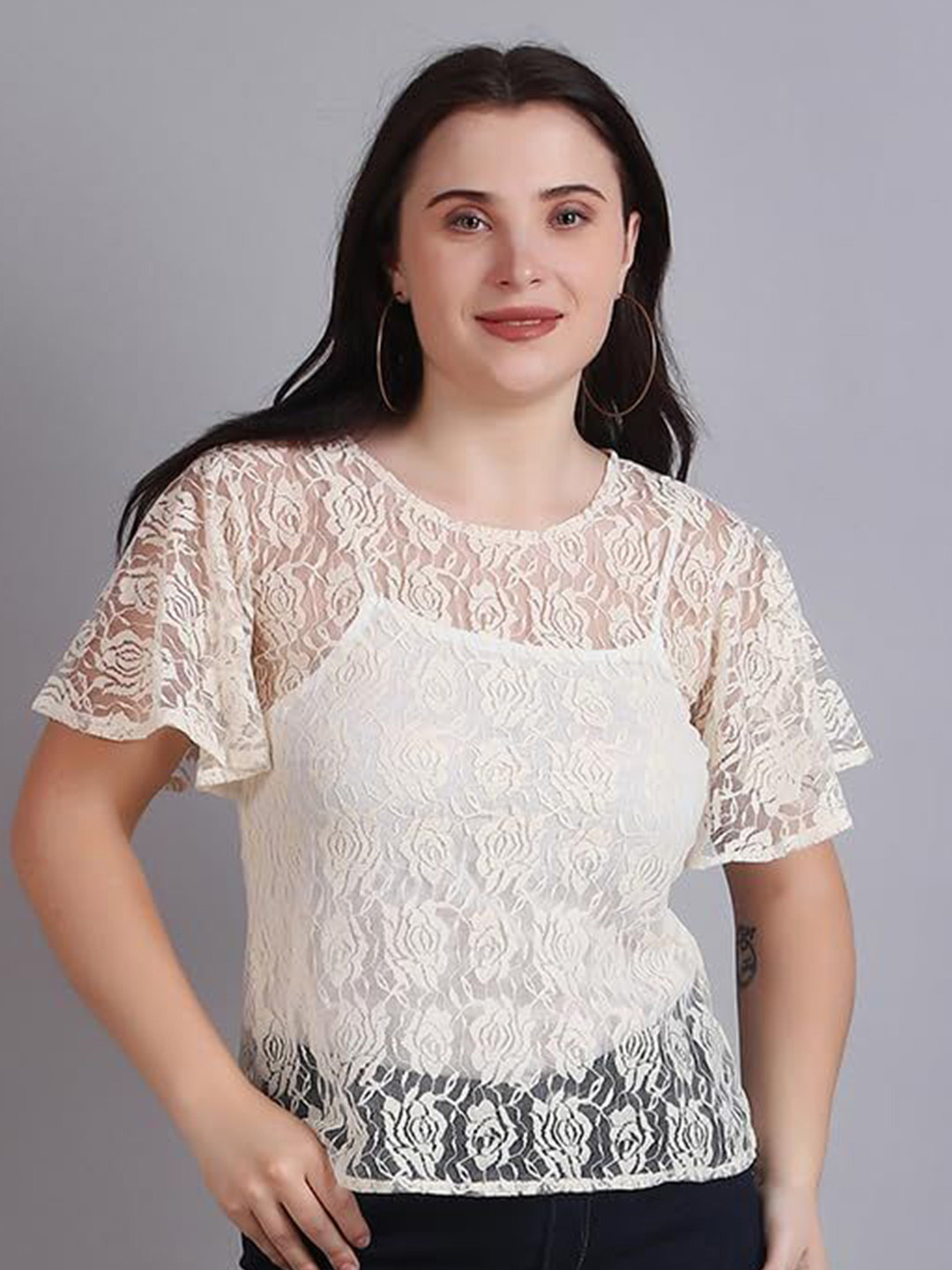 Cream-Coloured Floral Sheer Top with Camisole