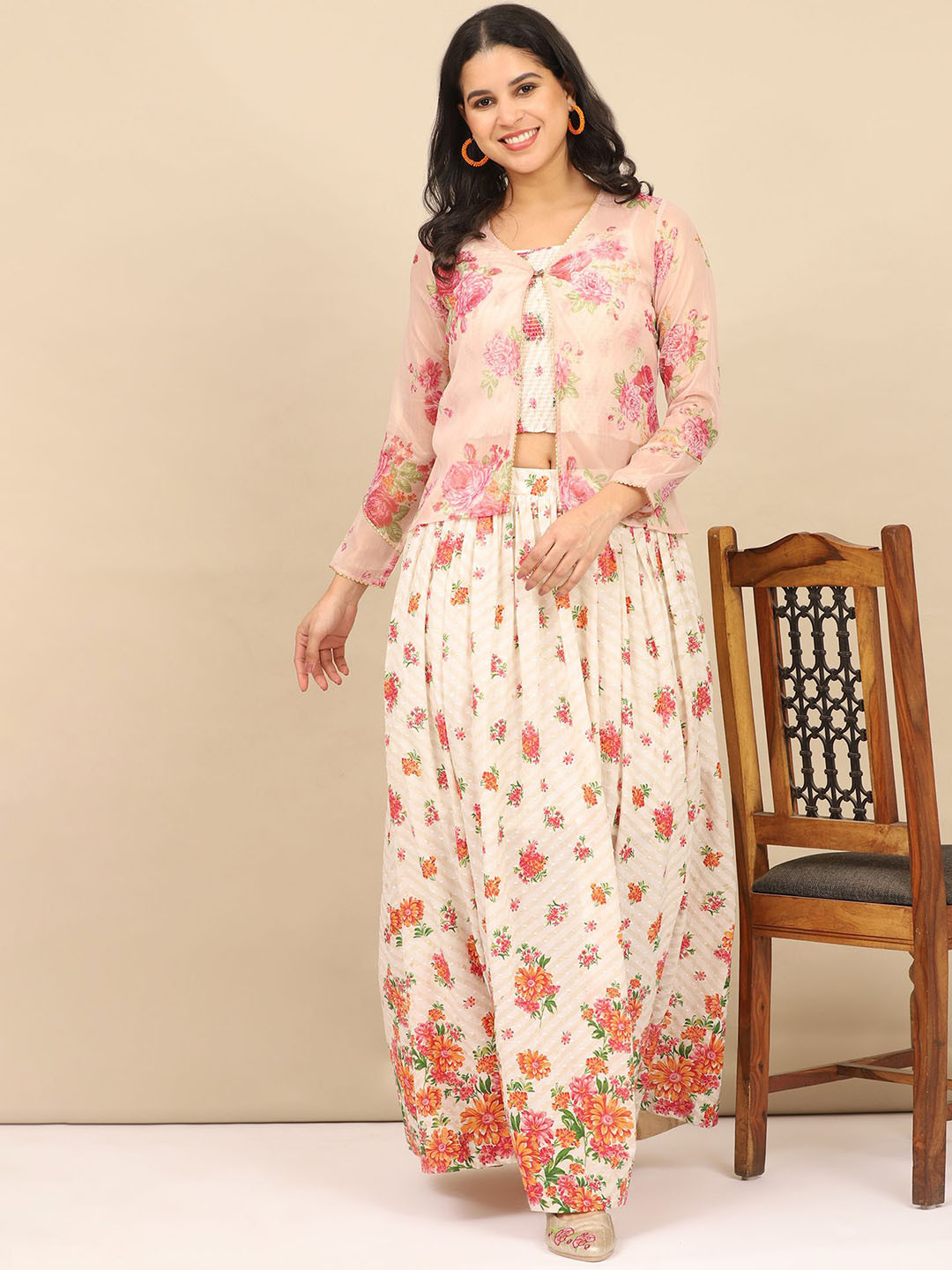 AURELIA  Printed Speghetti Crop Top & Gilet With Skirt Co-Ords